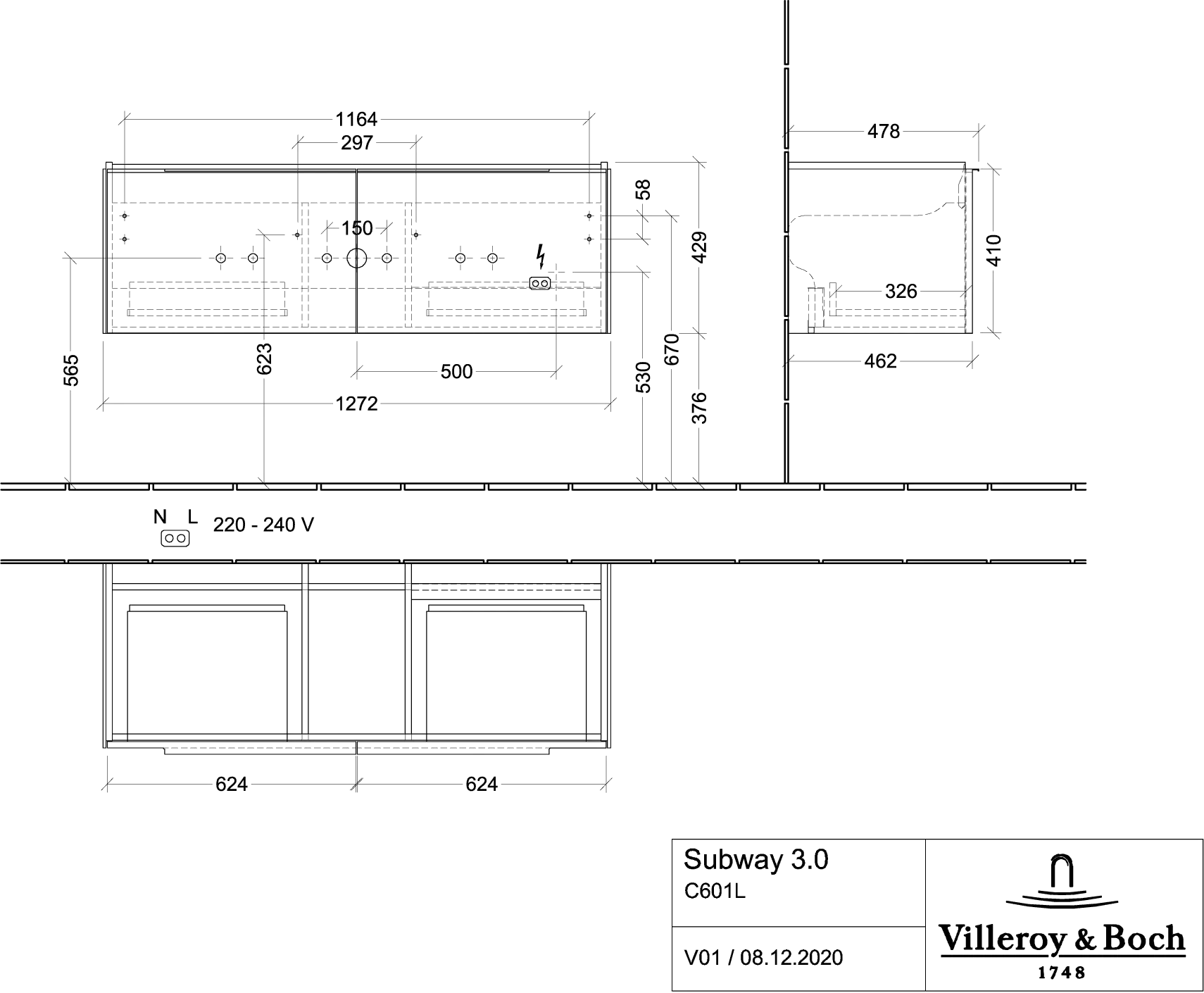 Villeroy & Boch Waschtischunterschrank „Subway 3.0“ für Schrankwaschtisch 1272 × 429 × 478 mm Black Oak, für Becken mittig Villeroy & Boch Waschtischunterschrank „Subway 3.0“ für Schrankwaschtisch 1272 × 429 × 478 mm Black Oak, für Becken mittig