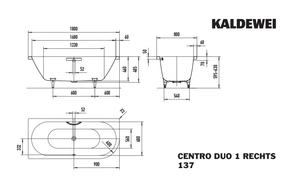 Kaldewei CENTRO DUO 1 RECHTS Badewanne, oval, 1800 x 800 mm, alpinweiß