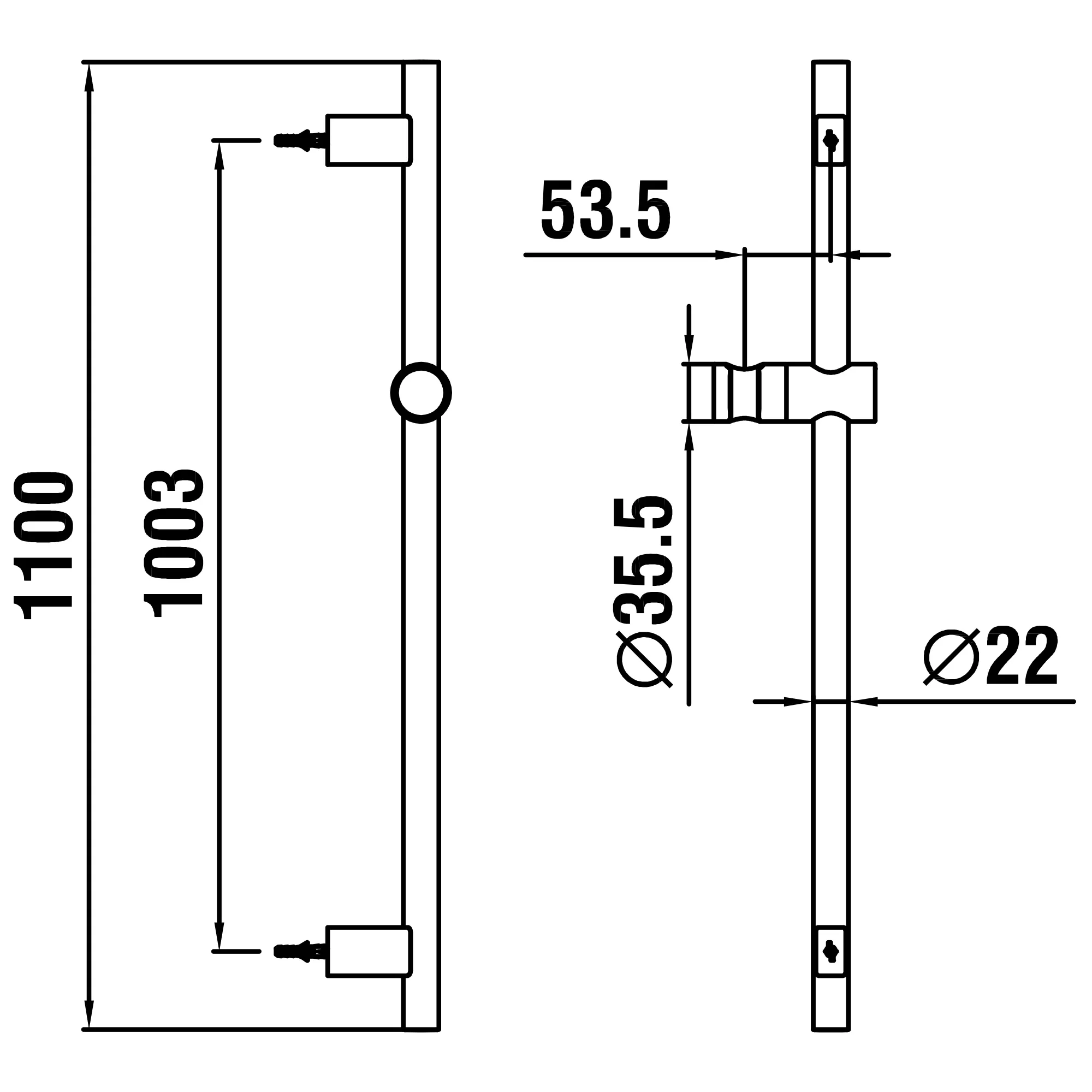 Brausestange TwinGliss PVD Gold, Höhe 1100 mm Vollmetall Einfache Installation dank integrierter Bohrloch-Montagehilfe