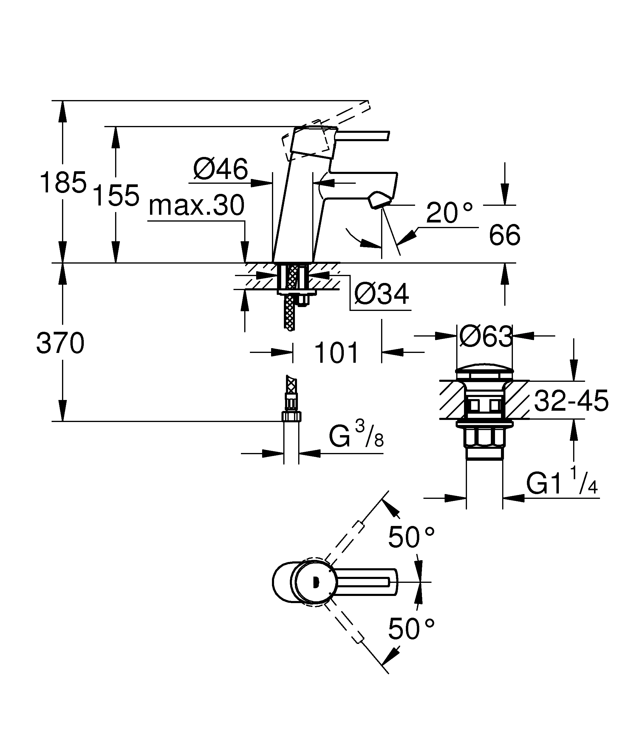 Einhand-Waschtischbatterie Concetto 23931_1, S-Size, Einlochmontage, glatter Körper, Push-open Ablaufgarnitur 1 1/4″, offener Metall-Hebelgriff, chrom