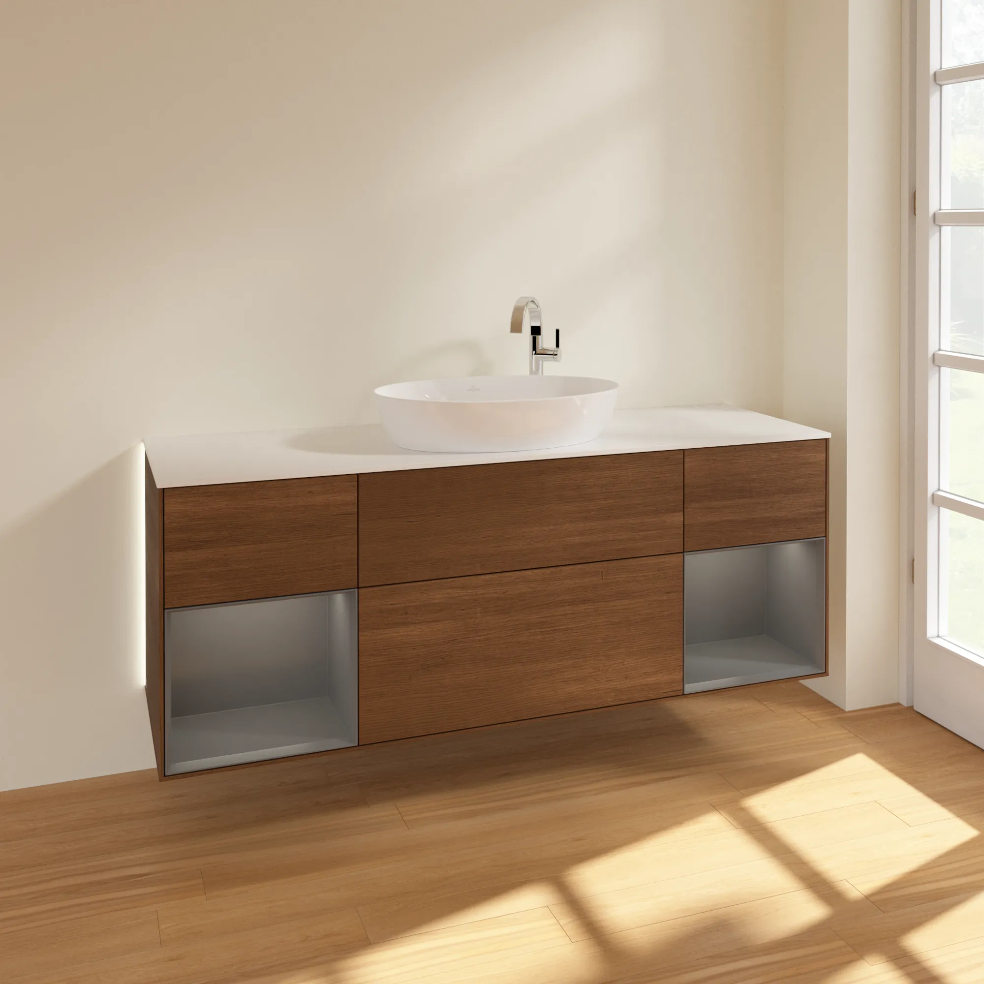 Villeroy & Boch Waschtischunterschrank „Finion“ für Schrankwaschtisch 1600 × 603 × 501 mm Walnut Veneer, für Becken mittig, mit Hahnlochbohrung Villeroy & Boch Waschtischunterschrank „Finion“ für Schrankwaschtisch 1600 × 603 × 501 mm Walnut Veneer, für Becken mittig, mit Hahnlochbohrung