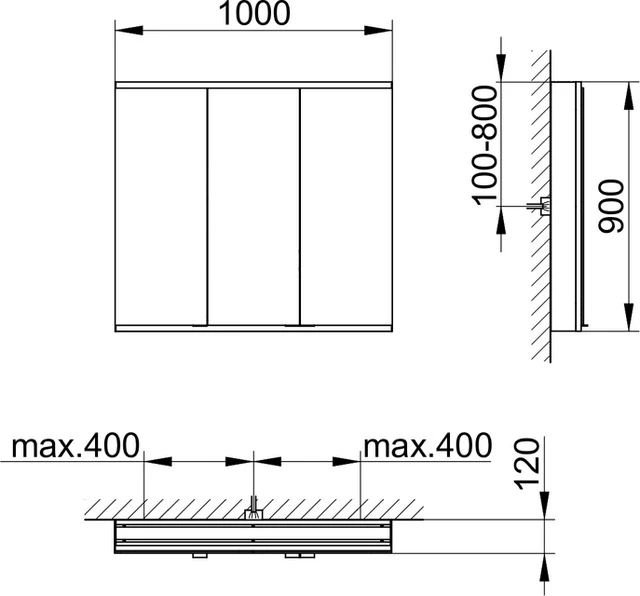 KEUCO Wandvorbau Spiegelschrank 3-türig „Royal Modular 2.0“ in Silber (eloxiert), Aufputz, mit Beleuchtung, mit Steckdose 1000 × 900 × 120 mm