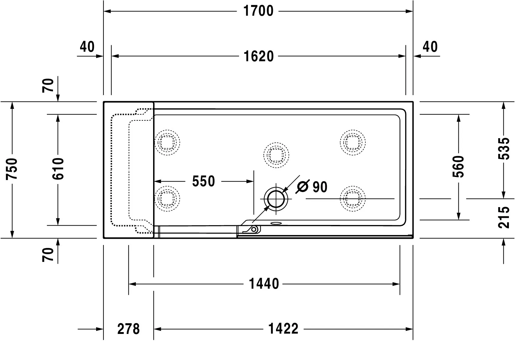 Duravit Badewanne Nische rechts „Shower and Bath“ nische rechteck 170 × 170 cm, rechts