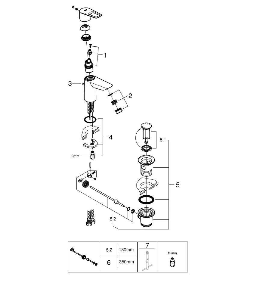 Einhand-Waschtischbatterie BauLoop 23877_1, S-Size, Einlochmontage, mit Temperaturbegrenzer, LowFlow 3,5 l/min Mousseur, Zugstangen-Ablaufgarnitur aus Kunststoff 1 1/4″, chrom