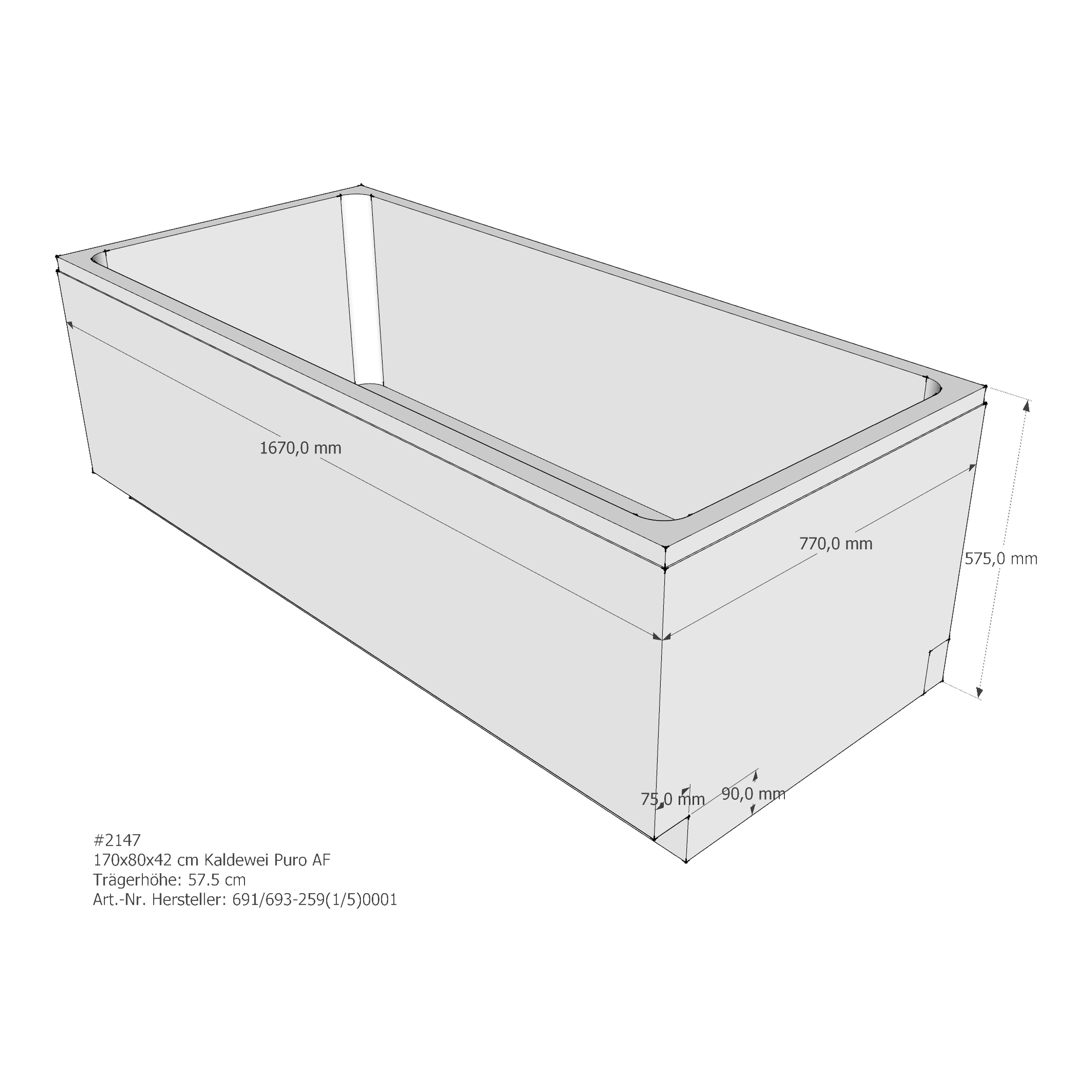 Badewannenträger für Kaldewei Puro /-Star 170 × 80 × 42 cm