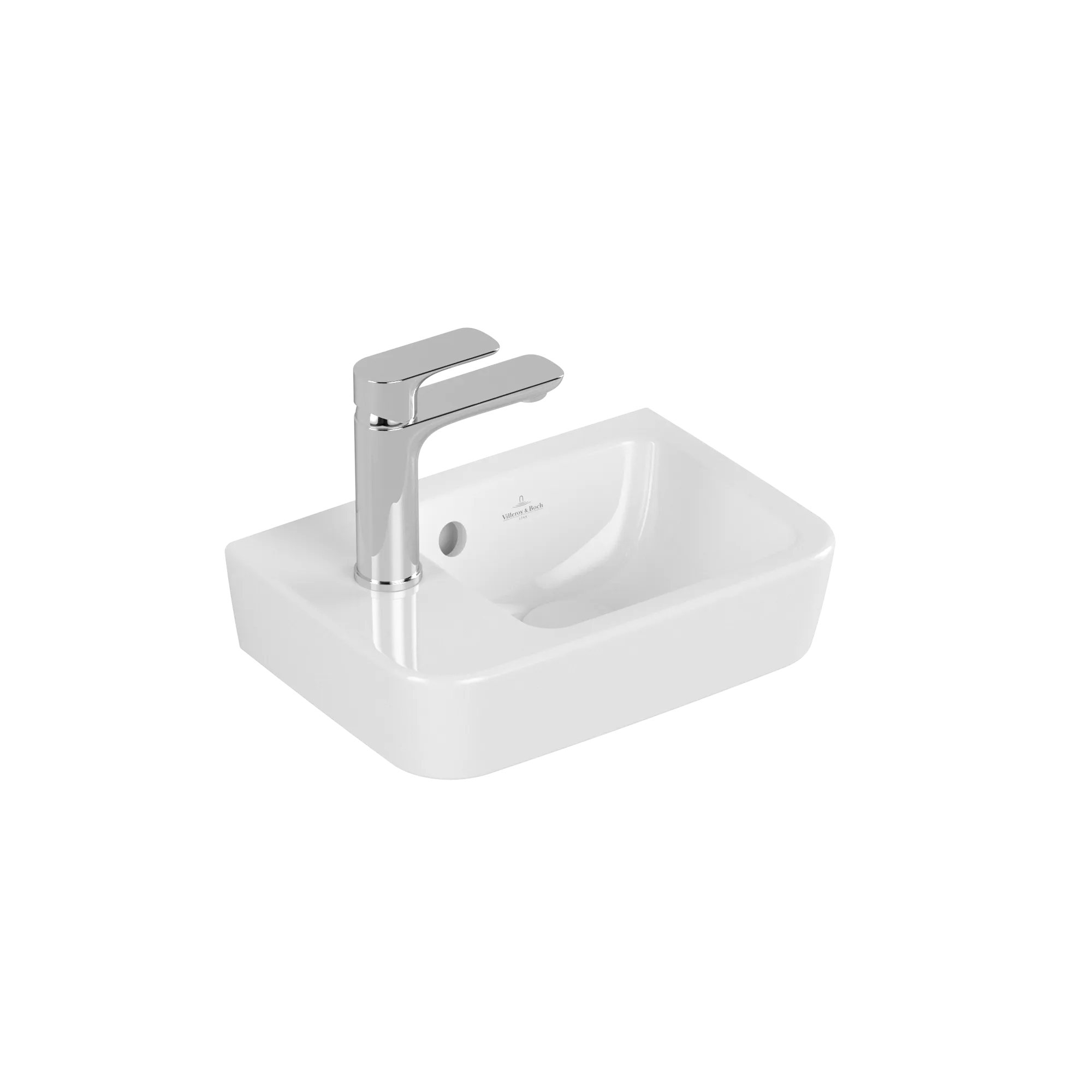 Villeroy & Boch Handwaschbecken „O.novo“ Compact 360 × 250 × 145 mm, Hahnlochposition links, für Becken rechts, mit Hahnlochbohrung in Weiß Alpin Villeroy & Boch Handwaschbecken „O.novo“ Compact 360 × 250 × 145 mm, Hahnlochposition links, für Becken rechts, mit Hahnlochbohrung in Weiß Alpin