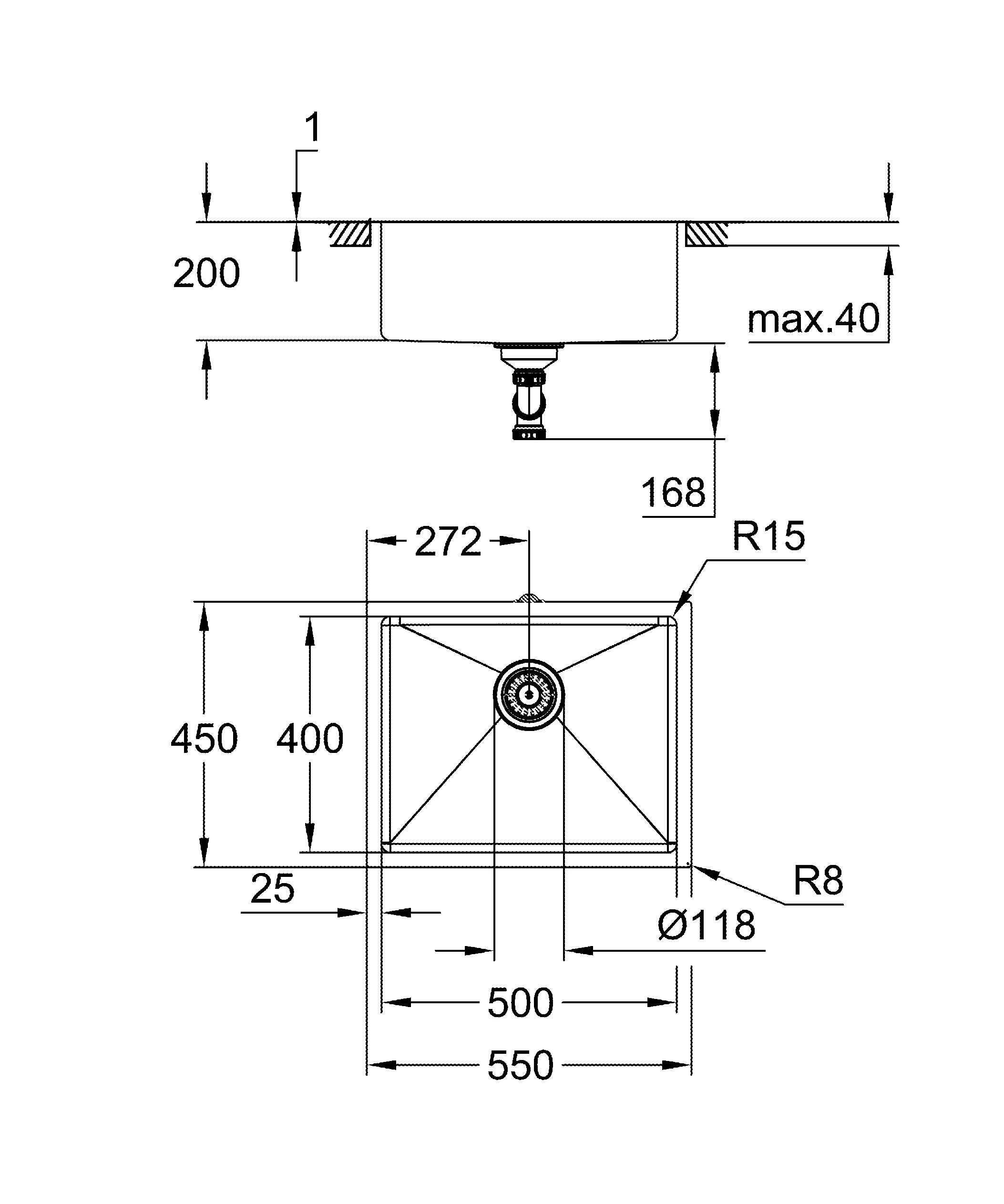 Edelstahlspüle K700 Unterbau 31574_1, Modell: K700U 60-S 55/45 1.0, Montageart: Unterbau, aufliegend oder flächenbündig, Maße: 550 x 450 mm, 1 Becken: 500 x 400 x 200 mm, edelstahl