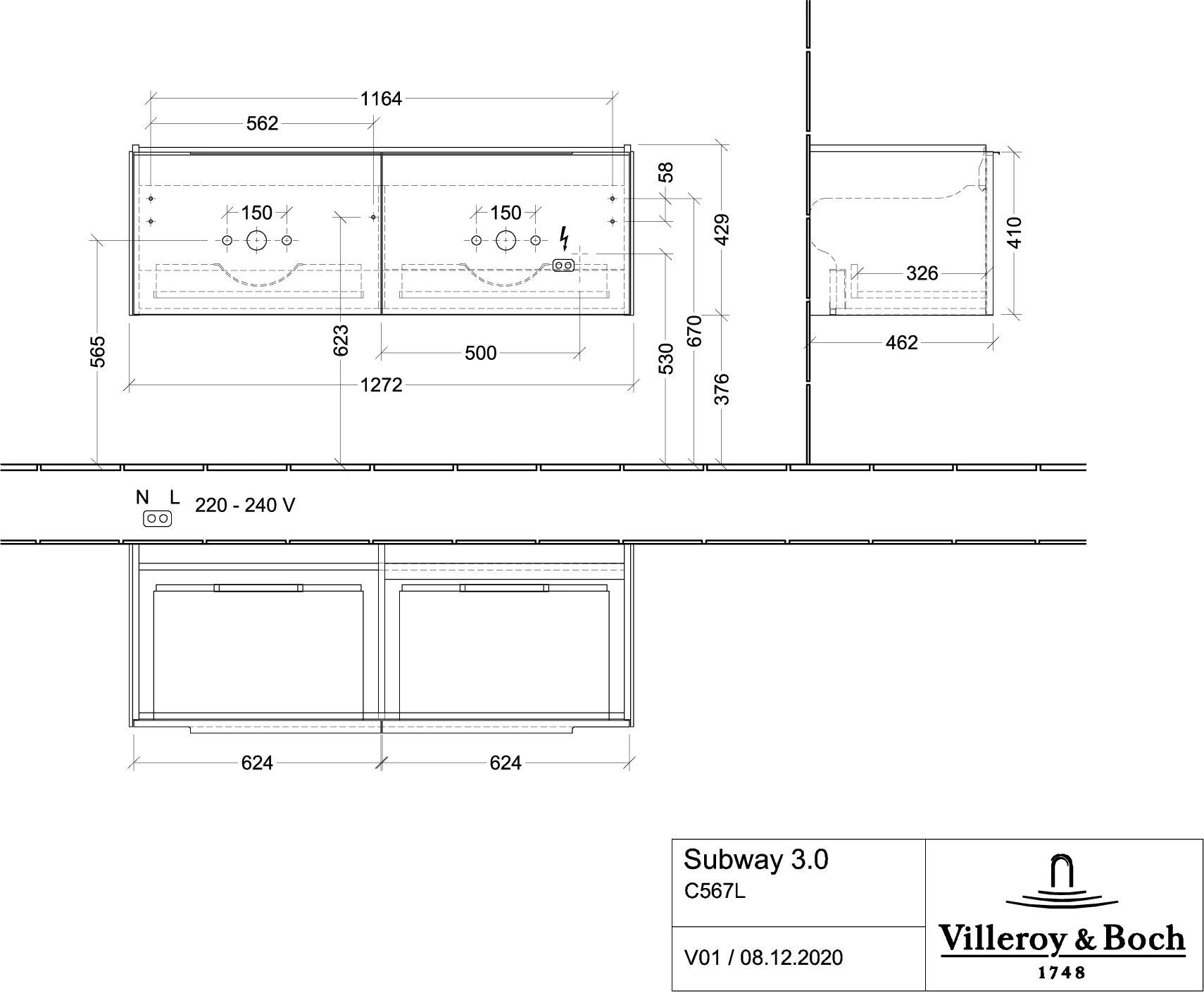 Villeroy & Boch Subway 3.0 Waschbeckenunterschrank C567L0, 1272x429x478mm, White Oak Villeroy & Boch Subway 3.0 Waschbeckenunterschrank C567L0, 1272x429x478mm, White Oak