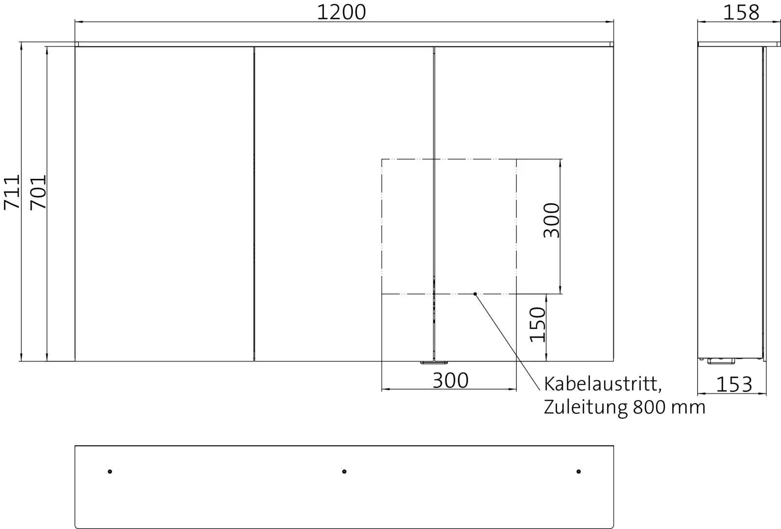 Lichtspiegelschrank pure 2 Design,Aufputz, mit Waschtischbeleuchtung,3 Tür, 1200mm