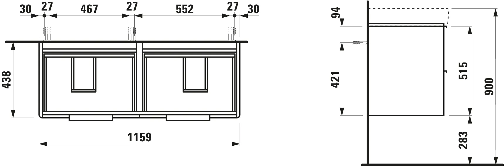Waschtischunterbau BASE für PRO S 438x1159x515 4 Schubladen mit Griff aluminium eloxiert für Waschtisch H814966 weiß matt Waschtischunterbau BASE für PRO S 438x1159x515 4 Schubladen mit Griff aluminium eloxiert für Waschtisch H814966 weiß matt