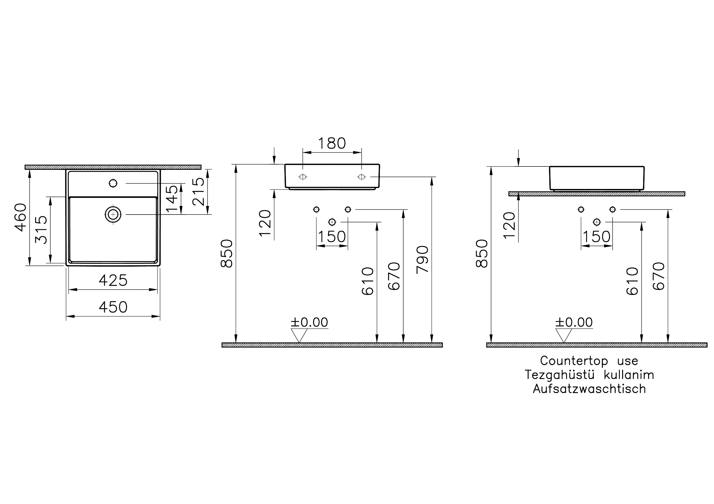 ArchiPlan Waschtisch 45 x 46 cm rechteckig wandgebunden mit Hahnloch ohne Überlaufloch Weiß Hochglanz mit Oberflächenveredelung Clean