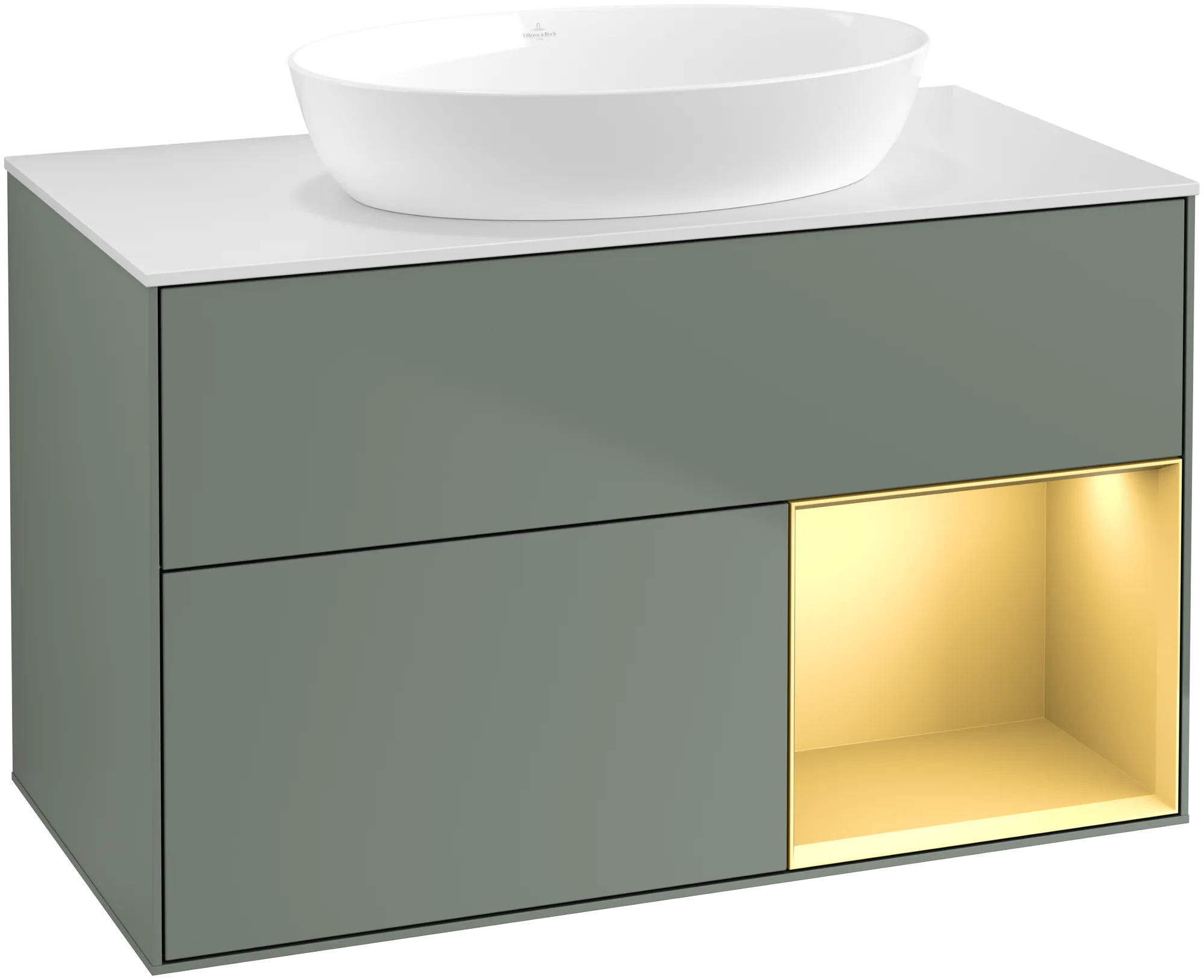 Villeroy & Boch Finion Waschbeckenunterschrank FA2, 1000 x 603 x 501 mm, Olive Matt Lacquer / Gold Matt Lacquer / Glass White Matt