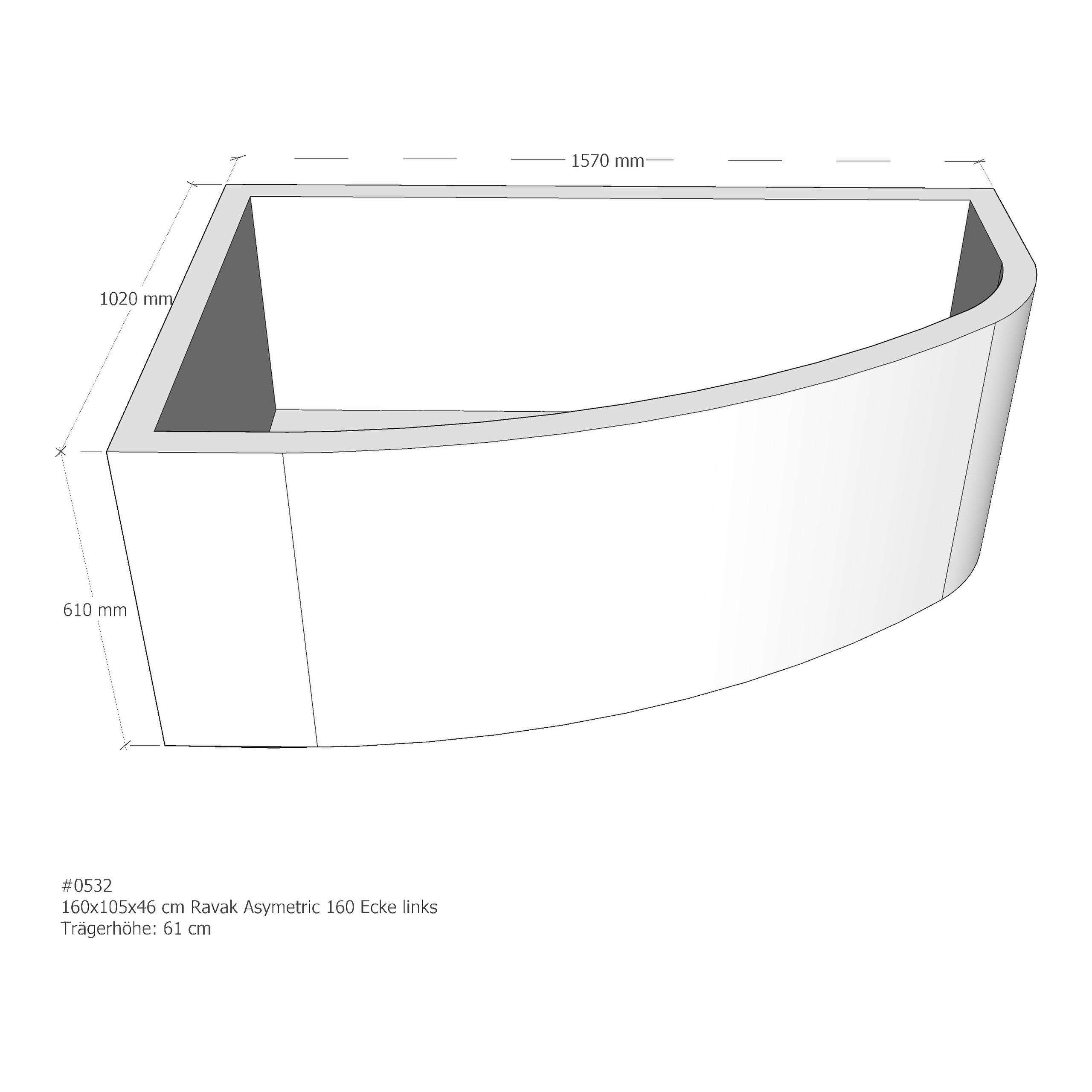 Badewannenträger für Ravak Asymetric 160 links 160 × 105 × 46 cm