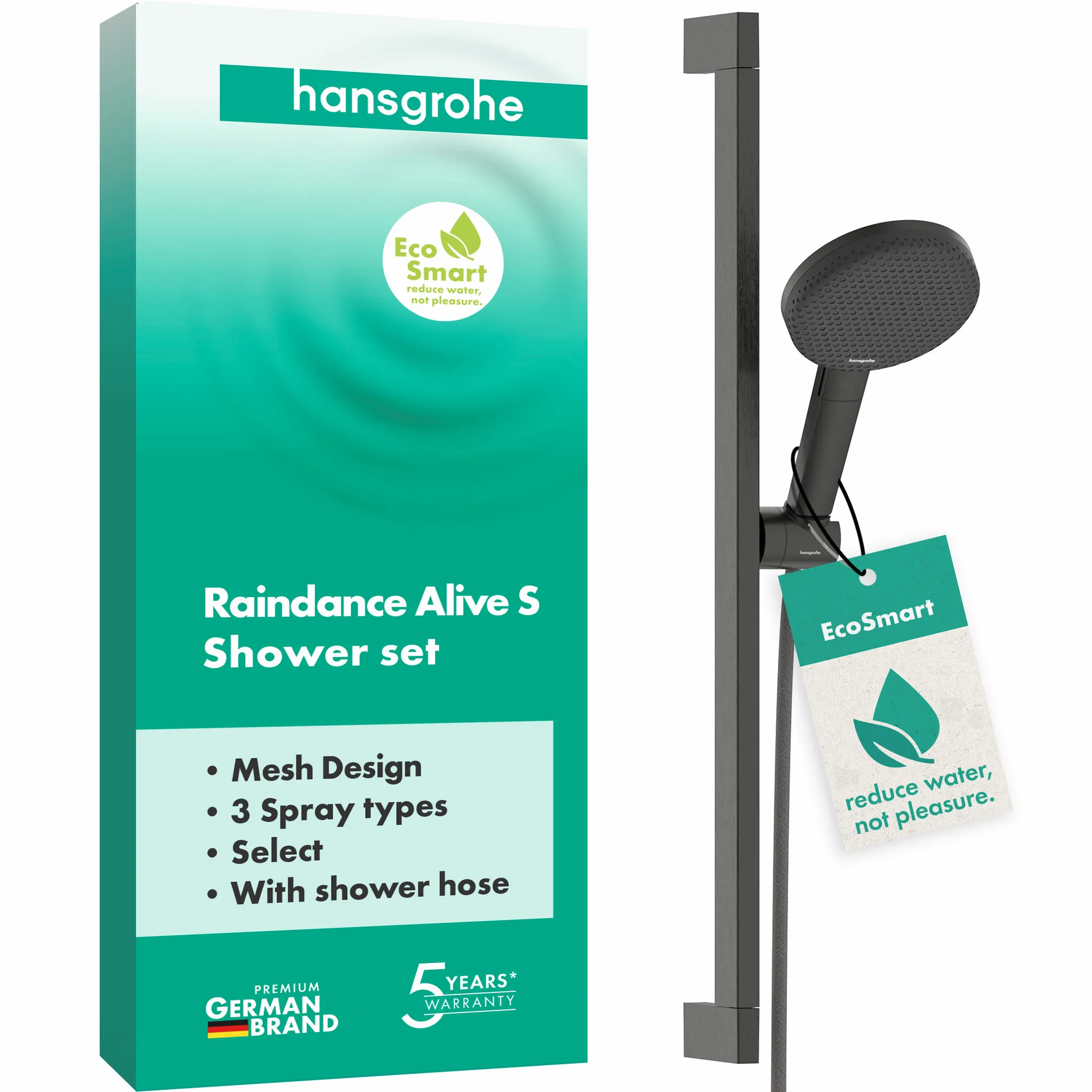 Hansgrohe Raindance Alive Select S Brauseset 125 mm, 3 Strahlarten, Brushed Black Chrome, 650 mm BBC, Easy Slide Halterung Hansgrohe Raindance Alive Select S Brauseset 125 mm, 3 Strahlarten, Brushed Black Chrome, 650 mm BBC, Easy Slide Halterung