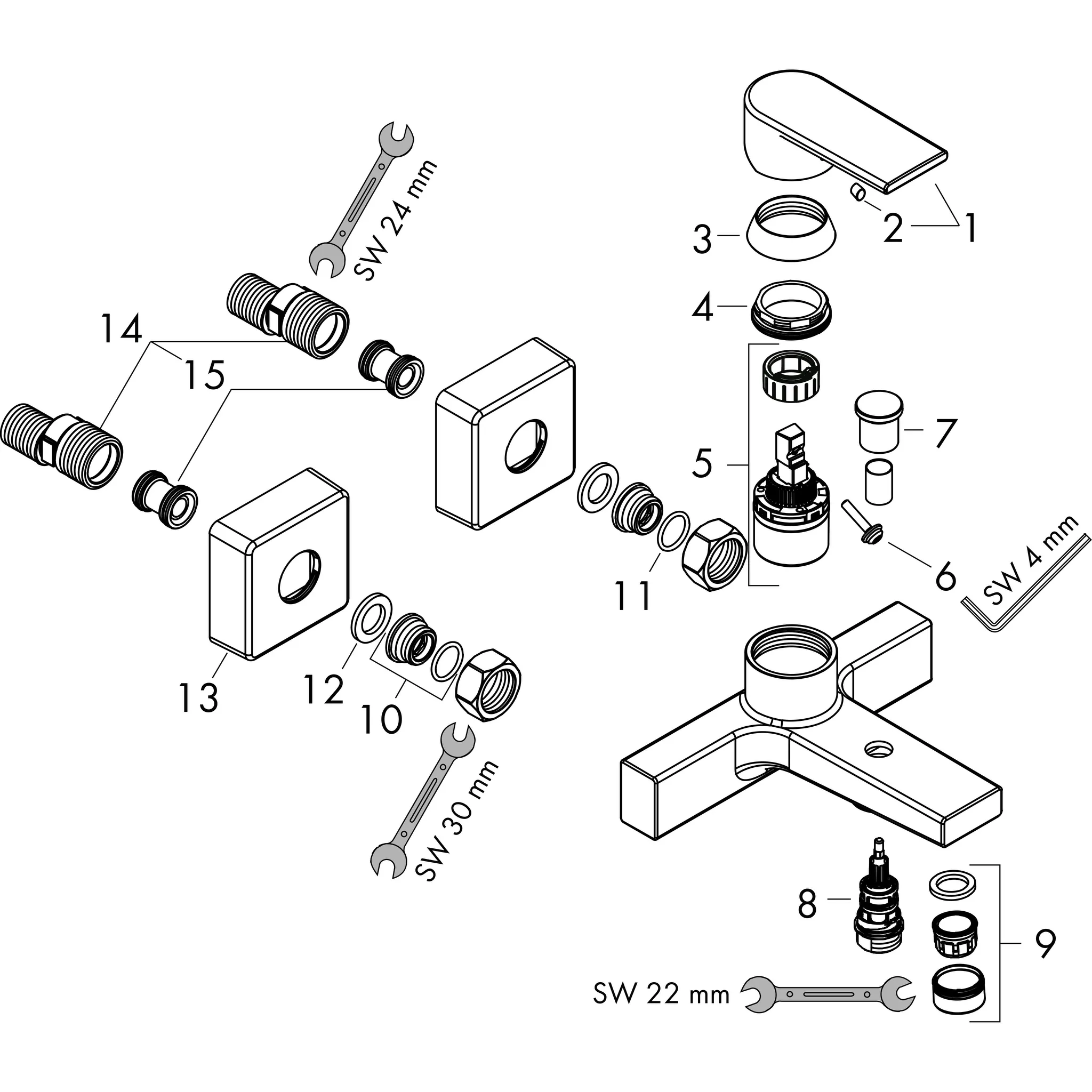 Hansgrohe Vernis Shape Einhebel-Wannenmischer Aufputz mattschwarz, Ausladung 166 mm, Stichmaß 150 ± 12 mm, Keramikmischsystem mit einstellbarer Temperaturbegrenzung und automatischem Umsteller