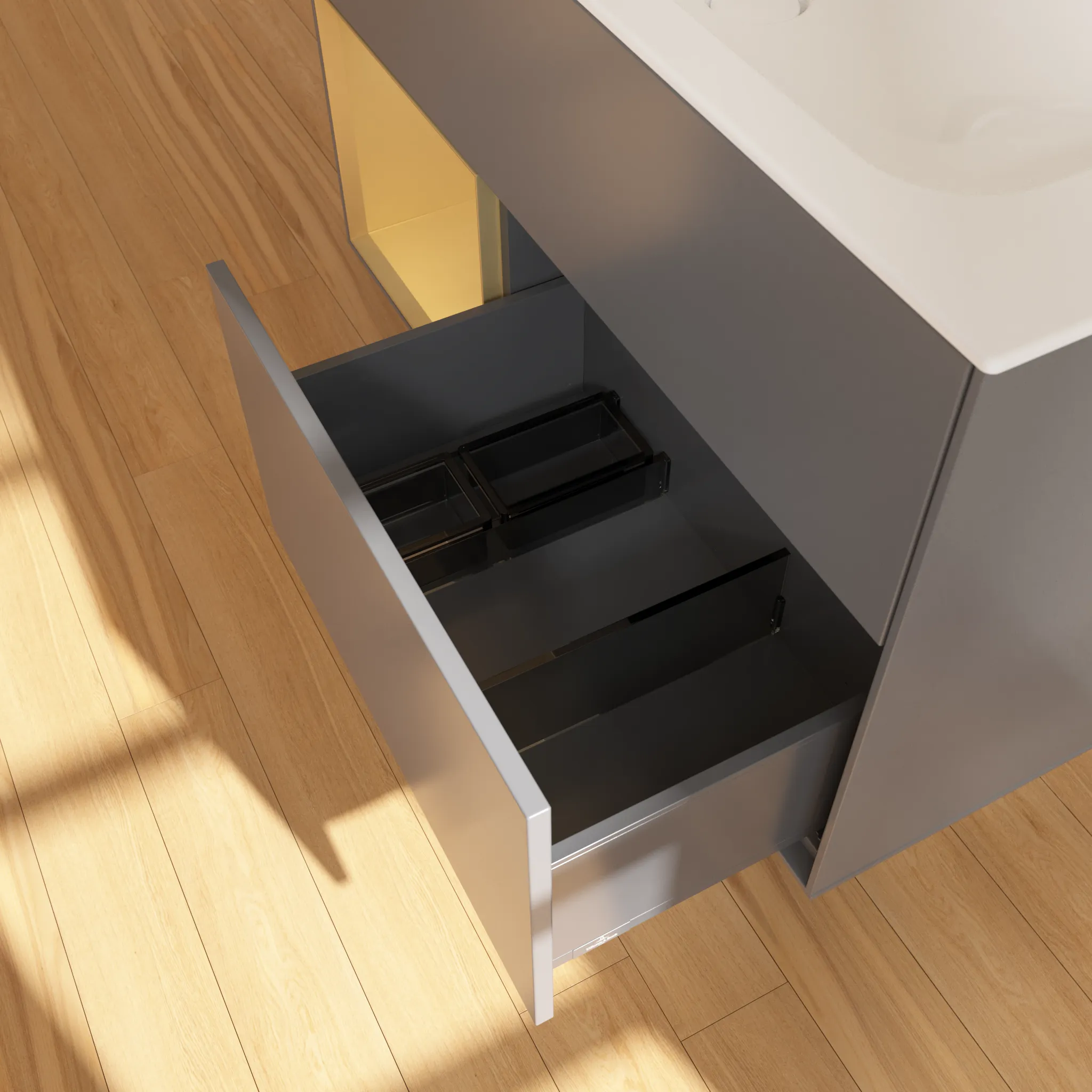 Villeroy & Boch Waschbeckenunterschrank Finion F03, Anthracite Matt Lacquer mit Gold Regal, 996x591x498 mm, mit Beleuchtung und Push-to-open Funktion