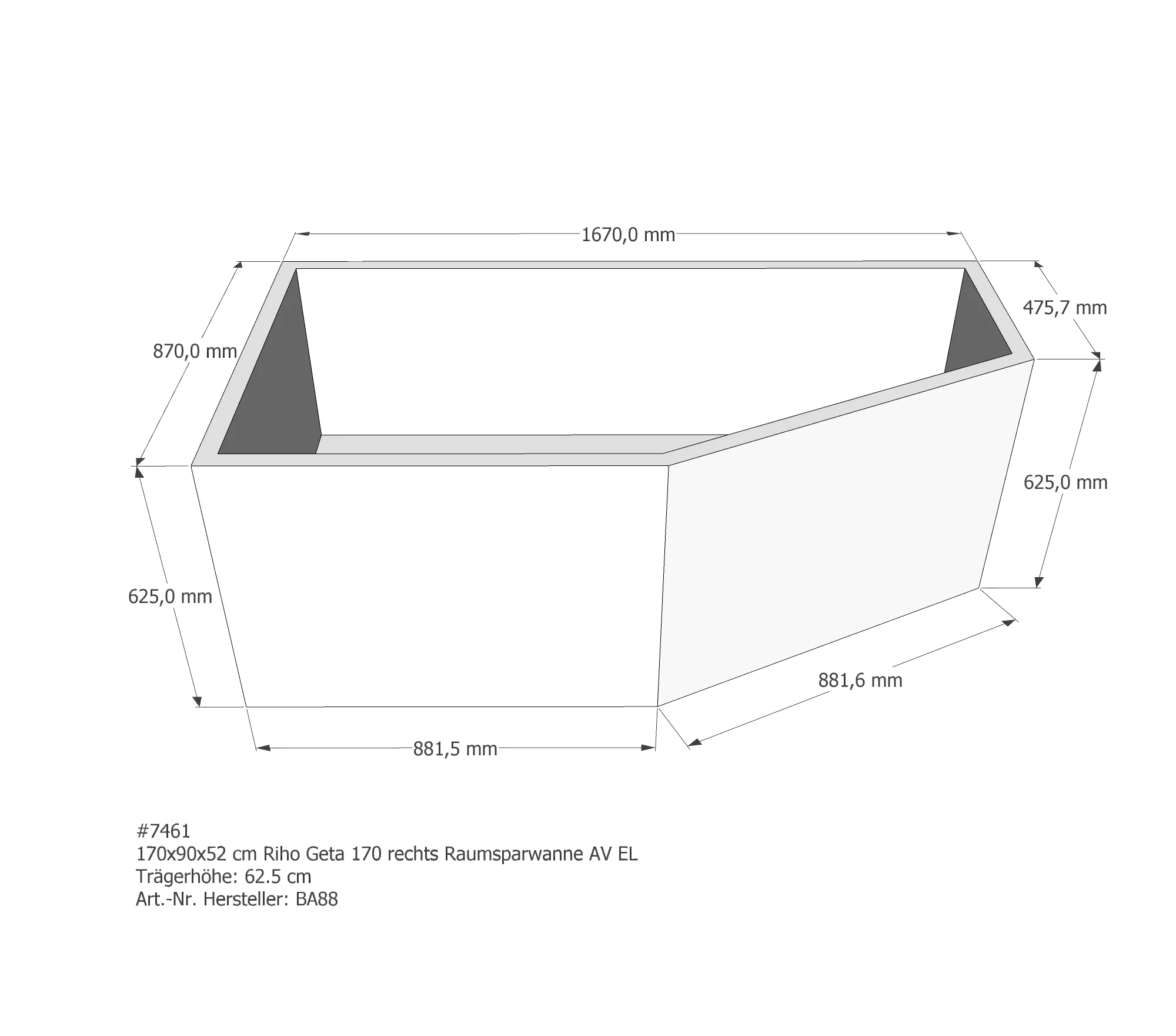 Badewannenträger für Riho Geta 170 rechts rechts 170 × 90 × 52 cm