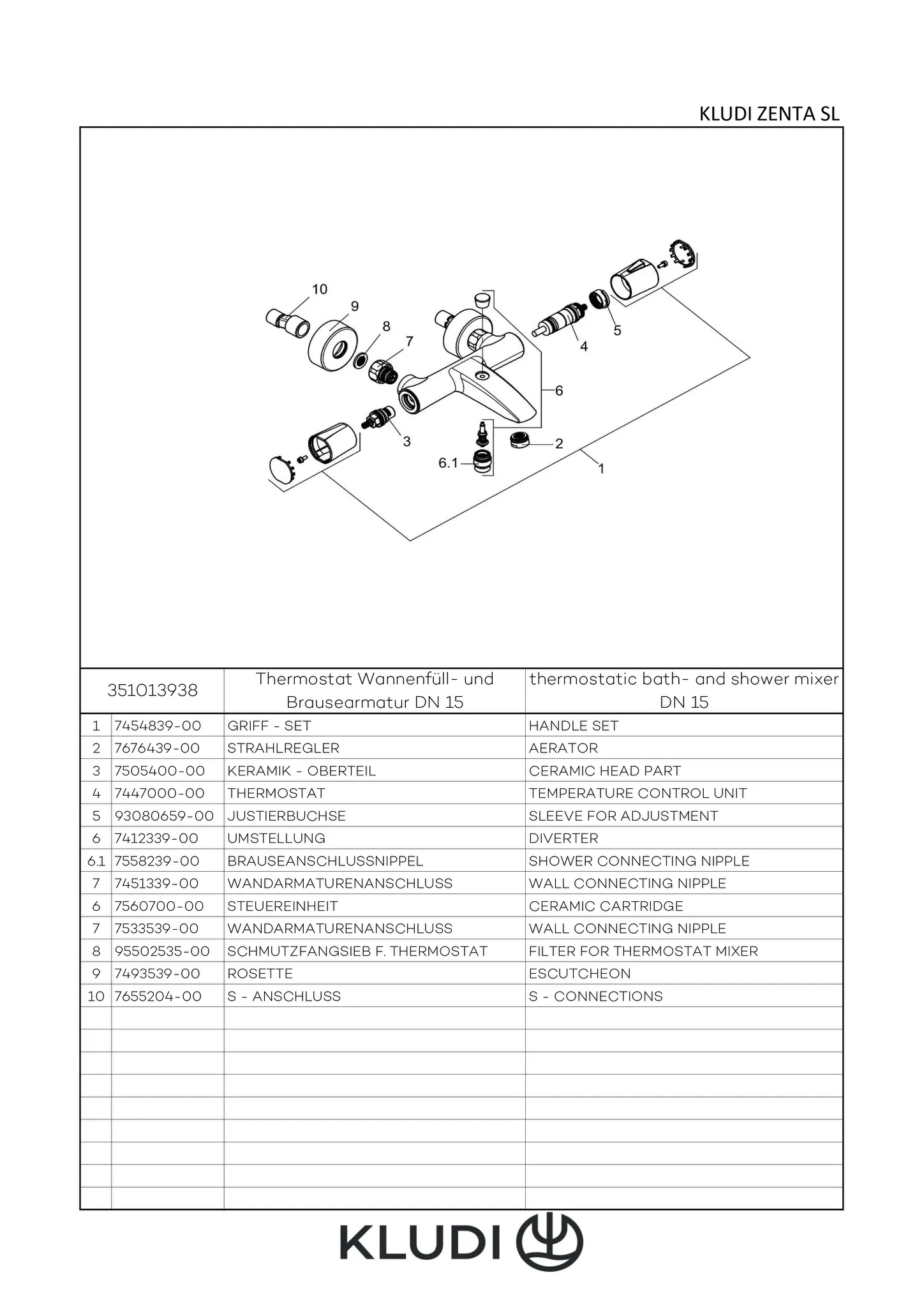 ZENTA Thermostat Wannenfüll und Brausearmatur DN 15 chrom