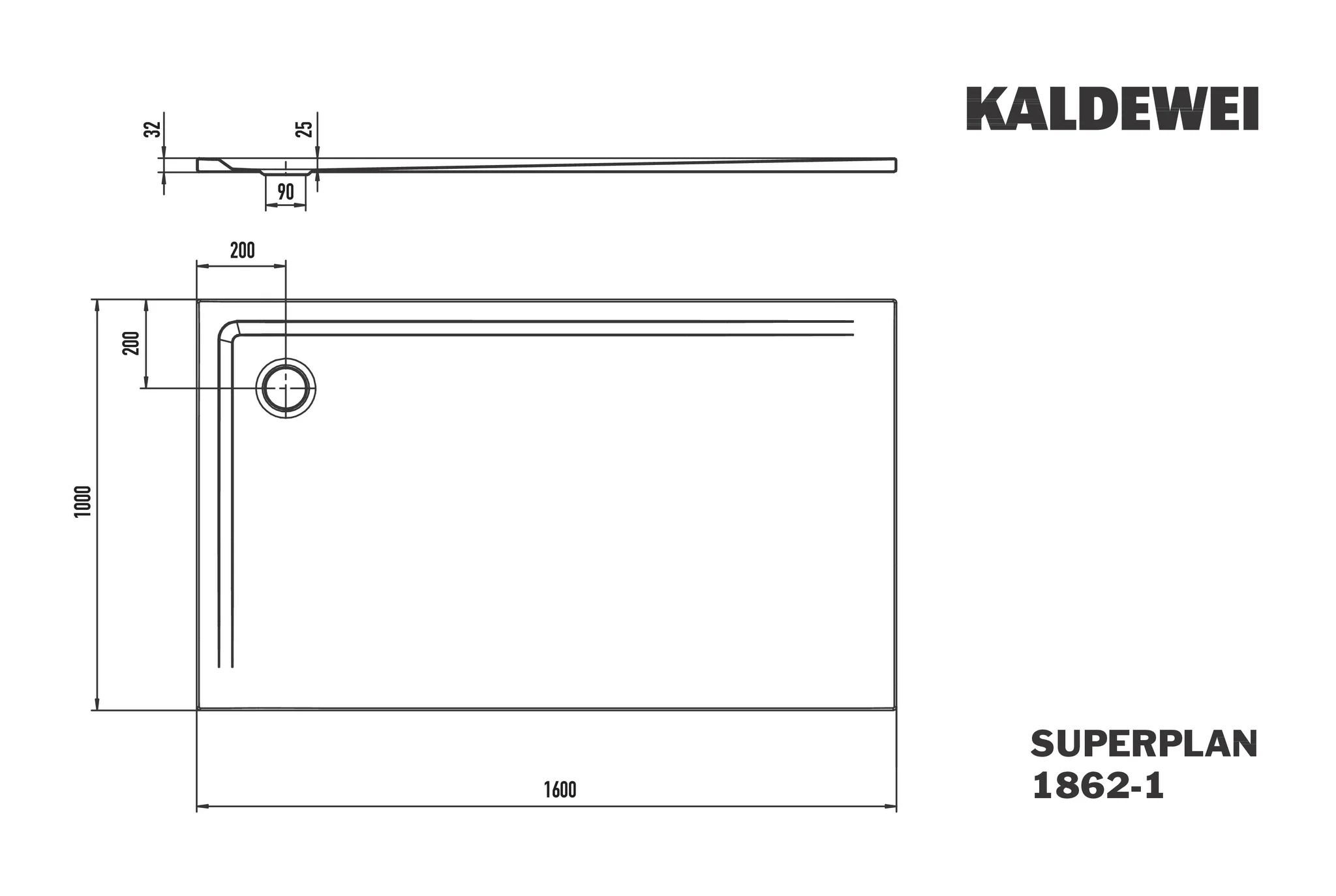Kaldewei SUPERPLAN Duschfläche 1000x1600 mm, cool grey 40, Invisible Grip, bodengleich, Eckablauf