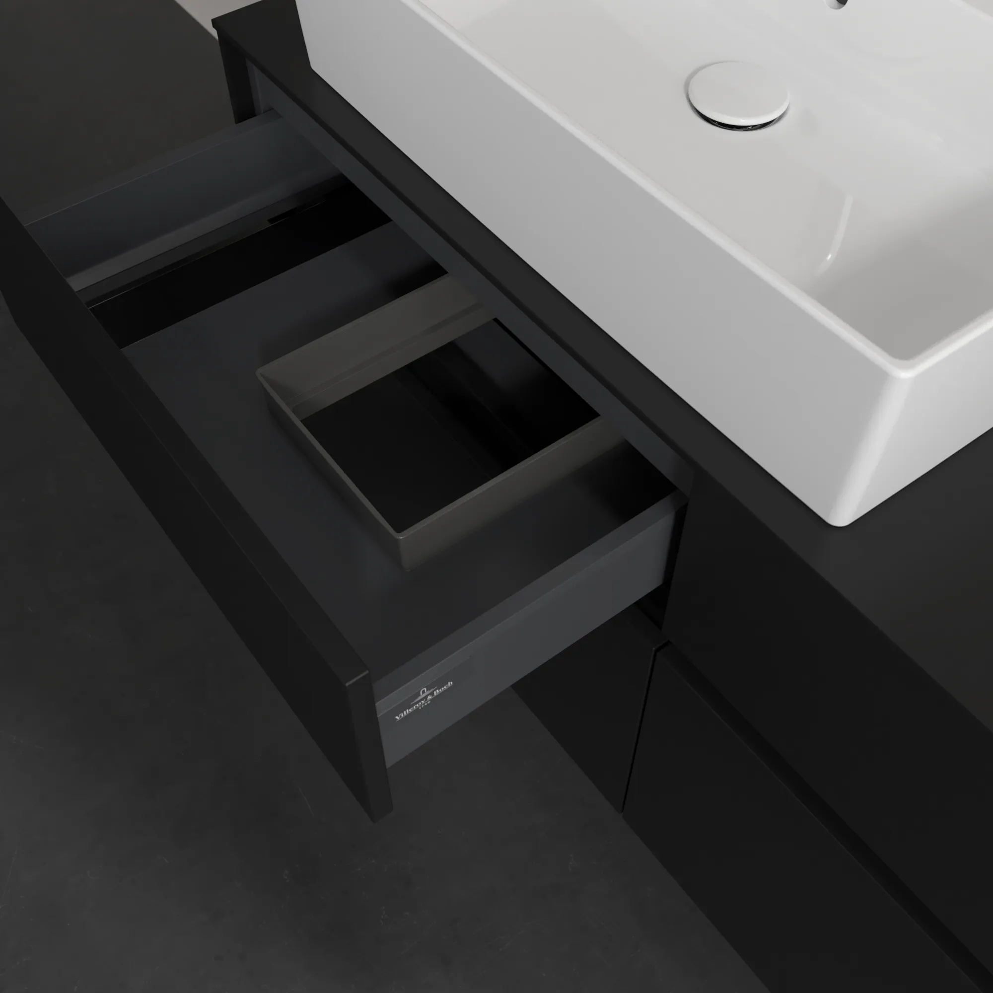 Villeroy & Boch Waschtischunterschrank „Collaro“ 1200 × 548 × 500 mm Volcano Black, ohne Beleuchtung, für Becken links Villeroy & Boch Waschtischunterschrank „Collaro“ 1200 × 548 × 500 mm Volcano Black, ohne Beleuchtung, für Becken links