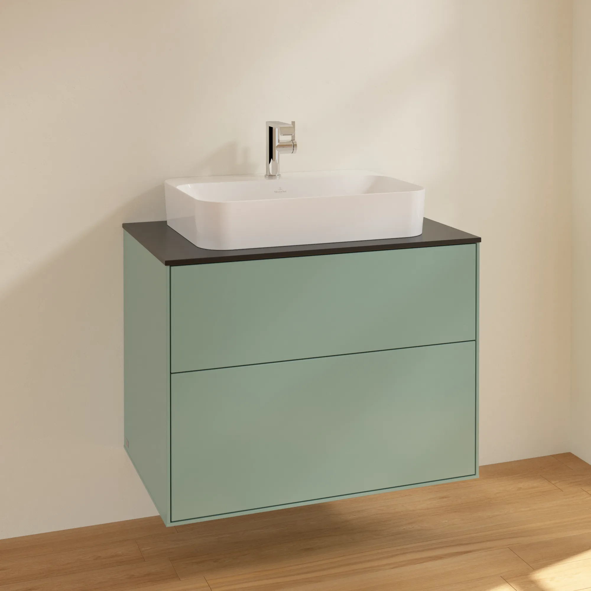 Villeroy & Boch Waschbeckenunterschrank Finion F34, Eckig, Olive Matt Lacquer, 800x603x501mm, 1 Waschbecken, mittige Position, 2 Auszüge mit SoftClosing und Push-to-open Funktion Villeroy & Boch Waschbeckenunterschrank Finion F34, Eckig, Olive Matt Lacquer, 800x603x501mm, 1 Waschbecken, mittige Position, 2 Auszüge mit SoftClosing und Push-to-open Funktion
