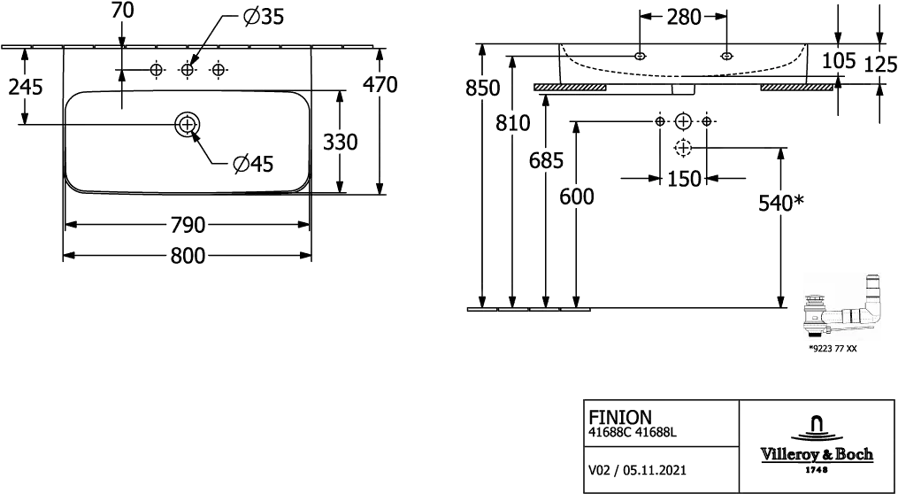 Villeroy & Boch Wandwaschtisch aus TitanCeram geschliffen „Finion“ 800 × 470 × 165 mm, mit Hahnlochbohrung, Hahnlochposition mittig in Weiß Alpin, mit CeramicPlus Villeroy & Boch Wandwaschtisch aus TitanCeram geschliffen „Finion“ 800 × 470 × 165 mm, mit Hahnlochbohrung, Hahnlochposition mittig in Weiß Alpin, mit CeramicPlus