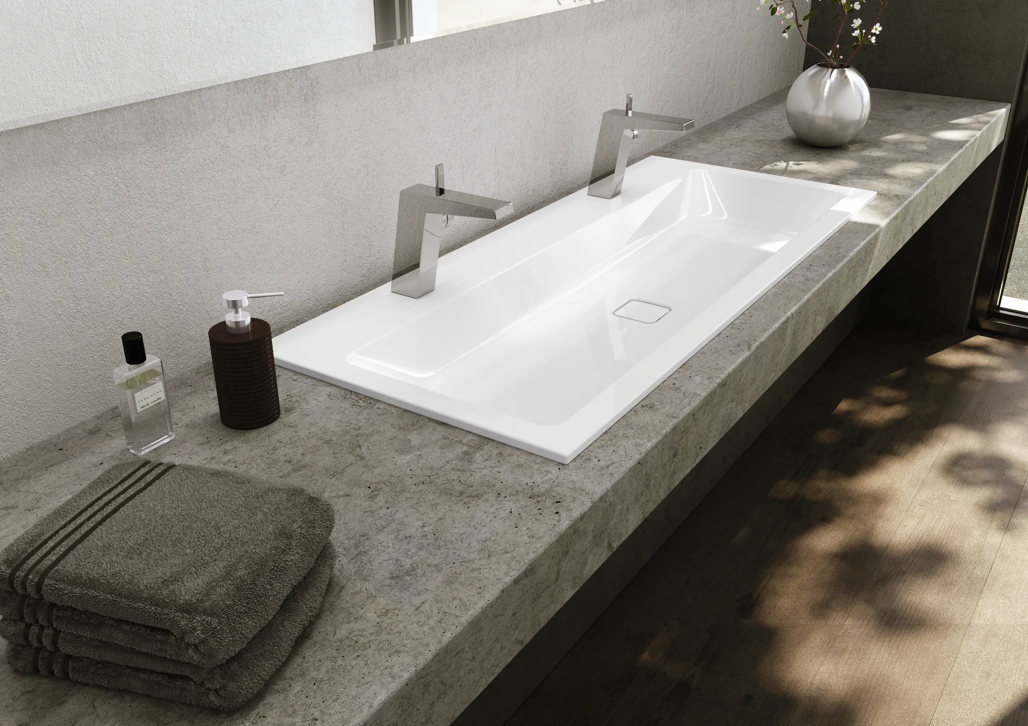 Doppelwaschtisch „Cono“ 120 × 50 cm, ohne Überlauf, mittig, mit Hahnlochbohrung in cool grey 90 mit Perl-Effekt Doppelwaschtisch „Cono“ 120 × 50 cm, ohne Überlauf, mittig, mit Hahnlochbohrung in cool grey 90 mit Perl-Effekt