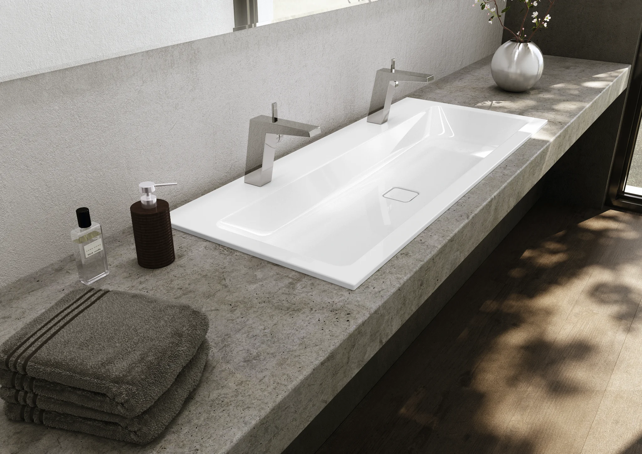 Kaldewei CONO Einbau-Doppelwaschtisch, 1200x500 mm, cool grey 90, Perl-Effekt, Antidröhn, 2x3er Hahnlochbohrung Kaldewei CONO Einbau-Doppelwaschtisch, 1200x500 mm, cool grey 90, Perl-Effekt, Antidröhn, 2x3er Hahnlochbohrung