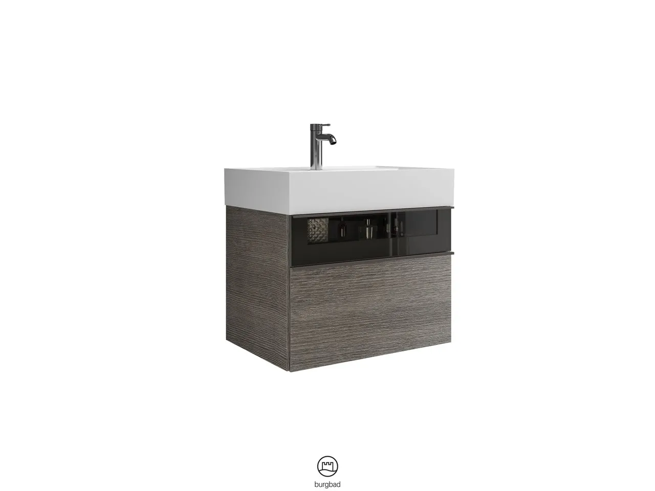 Mi-Waschtisch inkl. WTU Yumo von burgbad – Mineralguss, 470x665x610 mm, 1 Schublade, Rauchglasfront