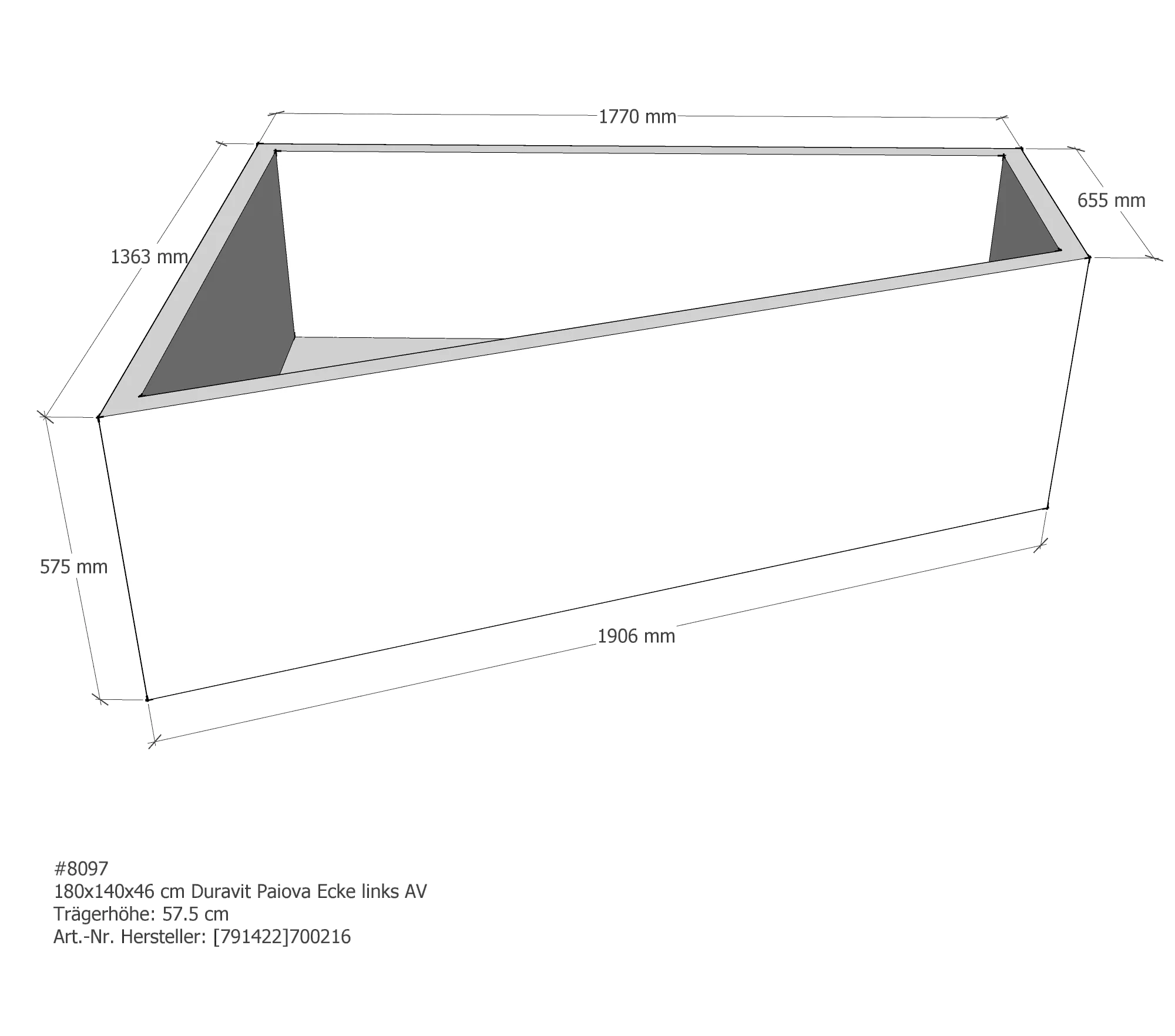 Badewannenträger für Duravit Paiova Ecke links links 180 × 140 × 46 cm Ausführung: links / Breite: 140 cm / Länge: 180 cm
