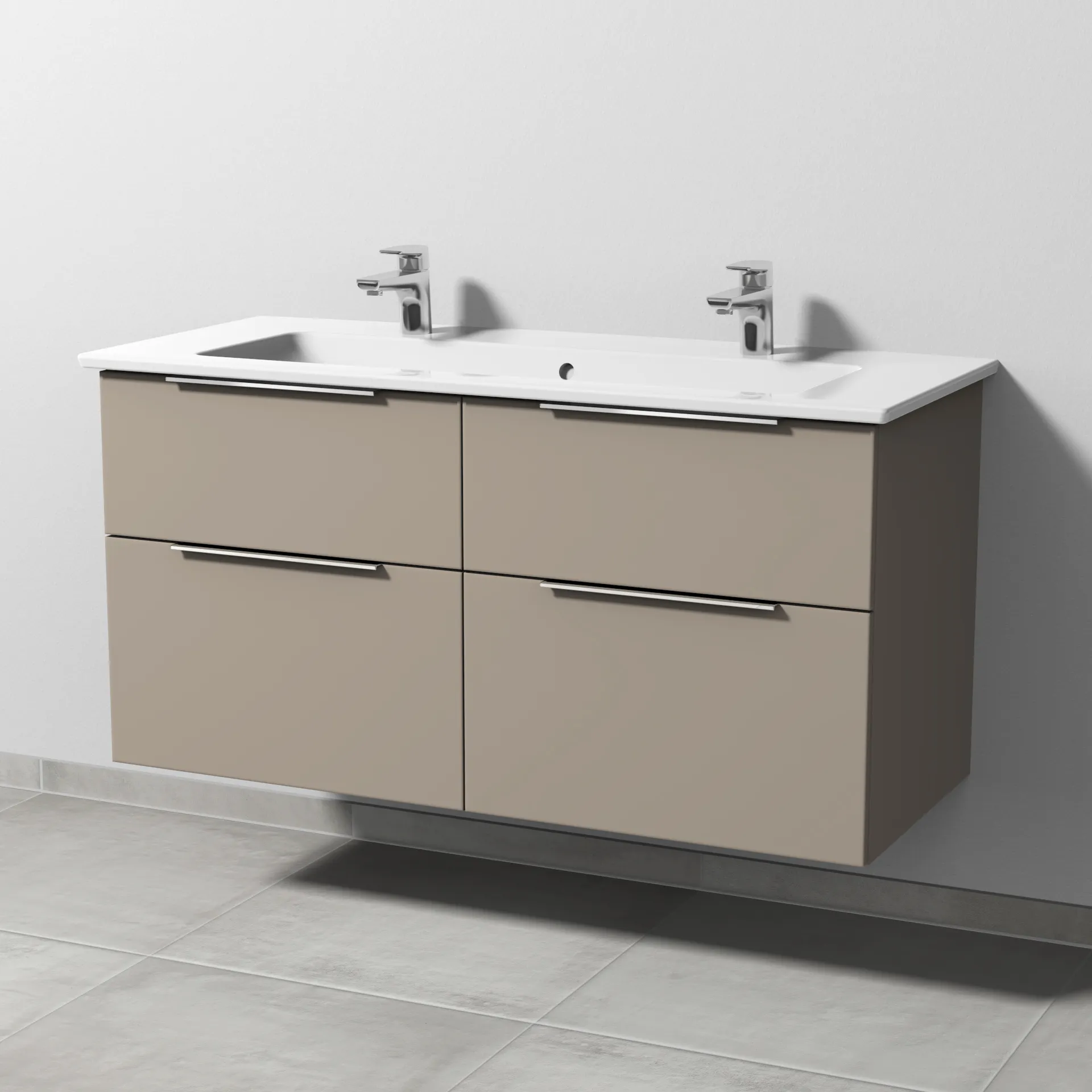 Keramik-Waschtisch-Set mit Waschtischunterschrank „3way“ 115,5 × 47,7 × 59,1 cm in Sandgrau (matt), mit Hahnlochbohrung, Becken mittig