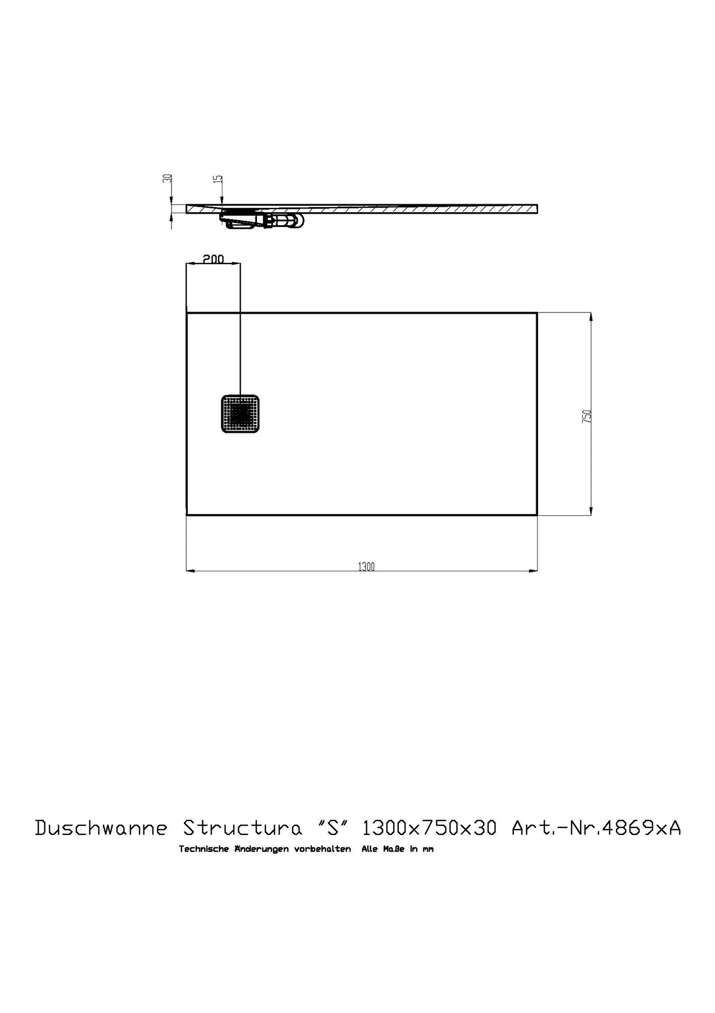 Duschwanne Structura ″S″ 1300x750x30 in gesoftete Schieferoptik, mit Antirutsch B, Material Solique, Weiß