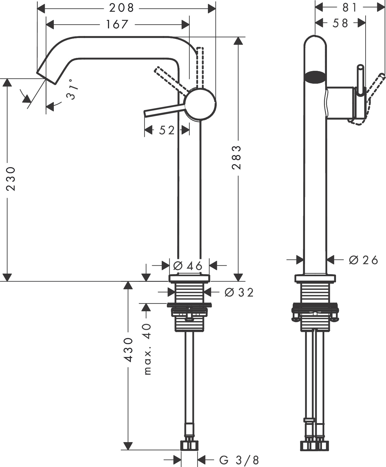 Tecturis S Einhebel-Waschtischmischer 240 Fine CoolStart für Aufsatzwaschtische mit Push-Open Ablaufgarnitur Chrom