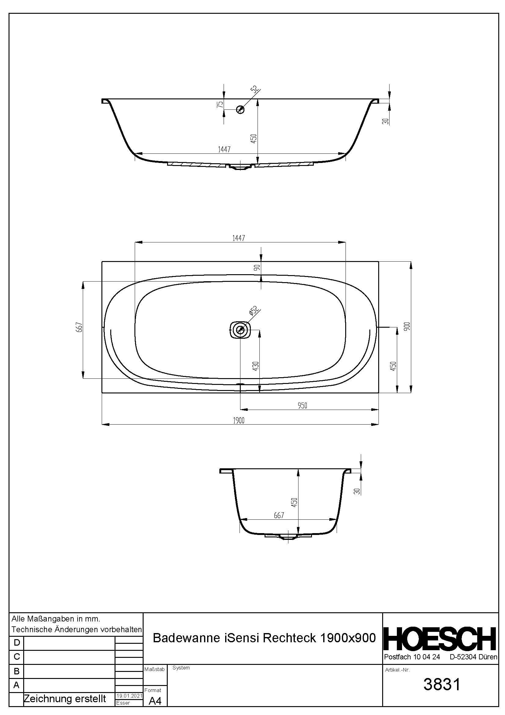 Hoesch Badewanne „iSensi“ rechteck 190 × 90 cm in 