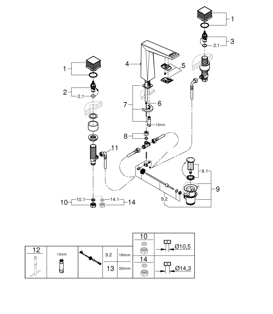 3-Loch-Waschtischbatterie Allure Brilliant Private Collection 20671, mit Knopfbetätigung (Kubus) White Attica Ceasarstone, Zugstangen-Ablaufgarnitur 1 1/4", chrom 3-Loch-Waschtischbatterie Allure Brilliant Private Collection 20671, mit Knopfbetätigung (Kubus) White Attica Ceasarstone, Zugstangen-Ablaufgarnitur 1 1/4", chrom