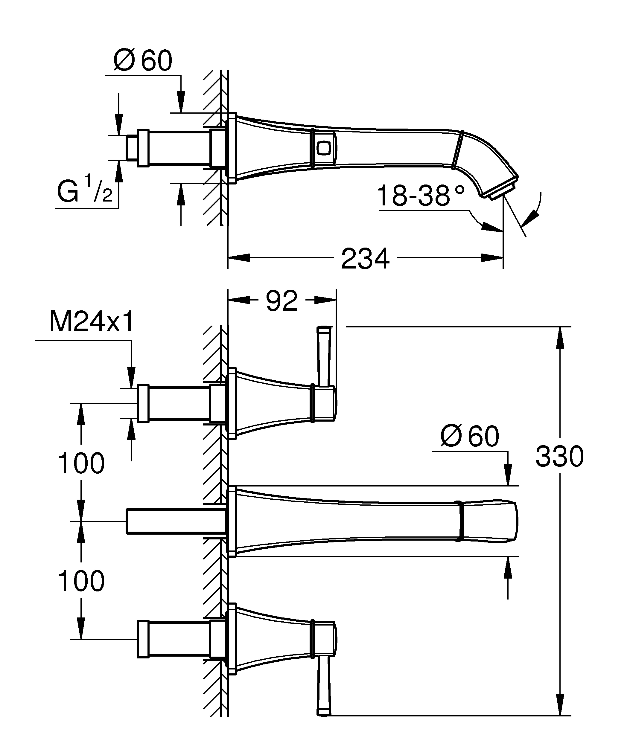 3-Loch-Waschtischbatterie Grandera 20623, Wandmontage, Fertigmontageset für 29 025 002, Ausladung 234 mm, chrom