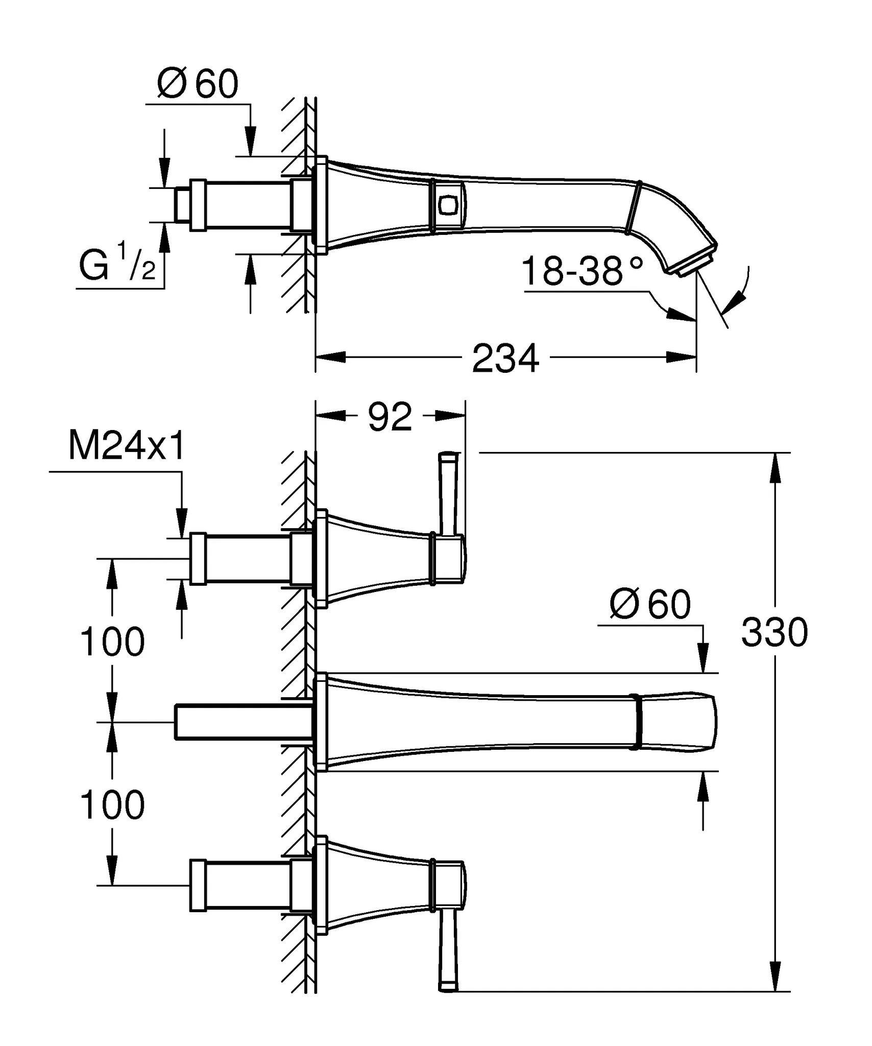 Grohe Grandera 3-Loch Waschtischbatterie, ½ L-Size, Wandmontage, chrom Grohe Grandera 3-Loch Waschtischbatterie, ½ L-Size, Wandmontage, chrom
