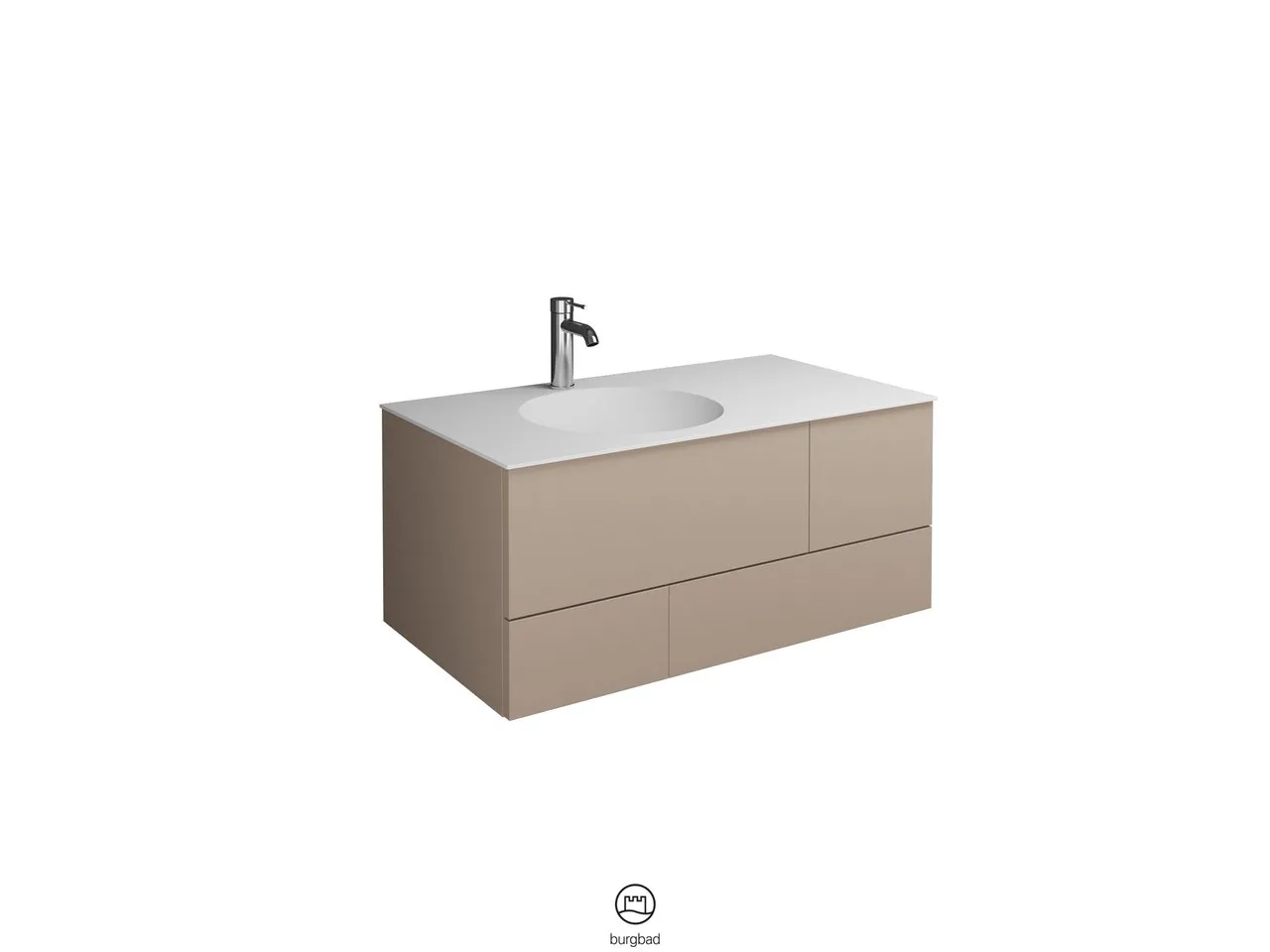 Coco Mineralguss-Waschtisch inkl. Waschtischunterschrank, 90 x 370 mm Muldentiefe, 1 Schublade oben mit Siphonausschnitt, 1 Schublade unten, 1 Metallbox, inkl. burgbad cleanFlow, H: 406 mm, B: 906 mm, T: 505 mm