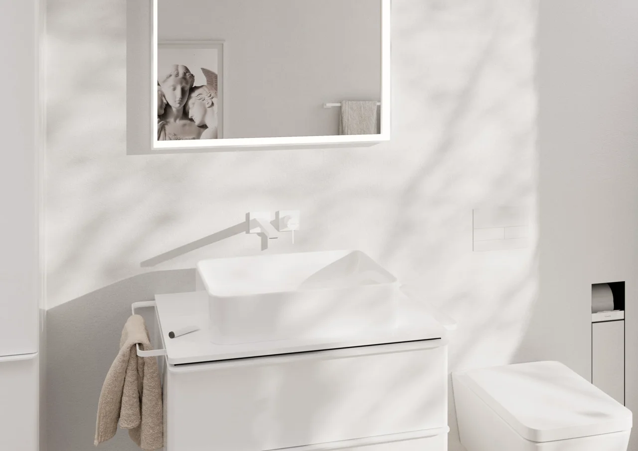Hansgrohe Xelu Q Konsole, mittiger Ausschnitt für Aufsatzwaschtisch mit Hahnloch, Weiß Hochglanz, Maße: 780 x 540 mm, Materialstärke: 16 mm Hansgrohe Xelu Q Konsole, mittiger Ausschnitt für Aufsatzwaschtisch mit Hahnloch, Weiß Hochglanz, Maße: 780 x 540 mm, Materialstärke: 16 mm