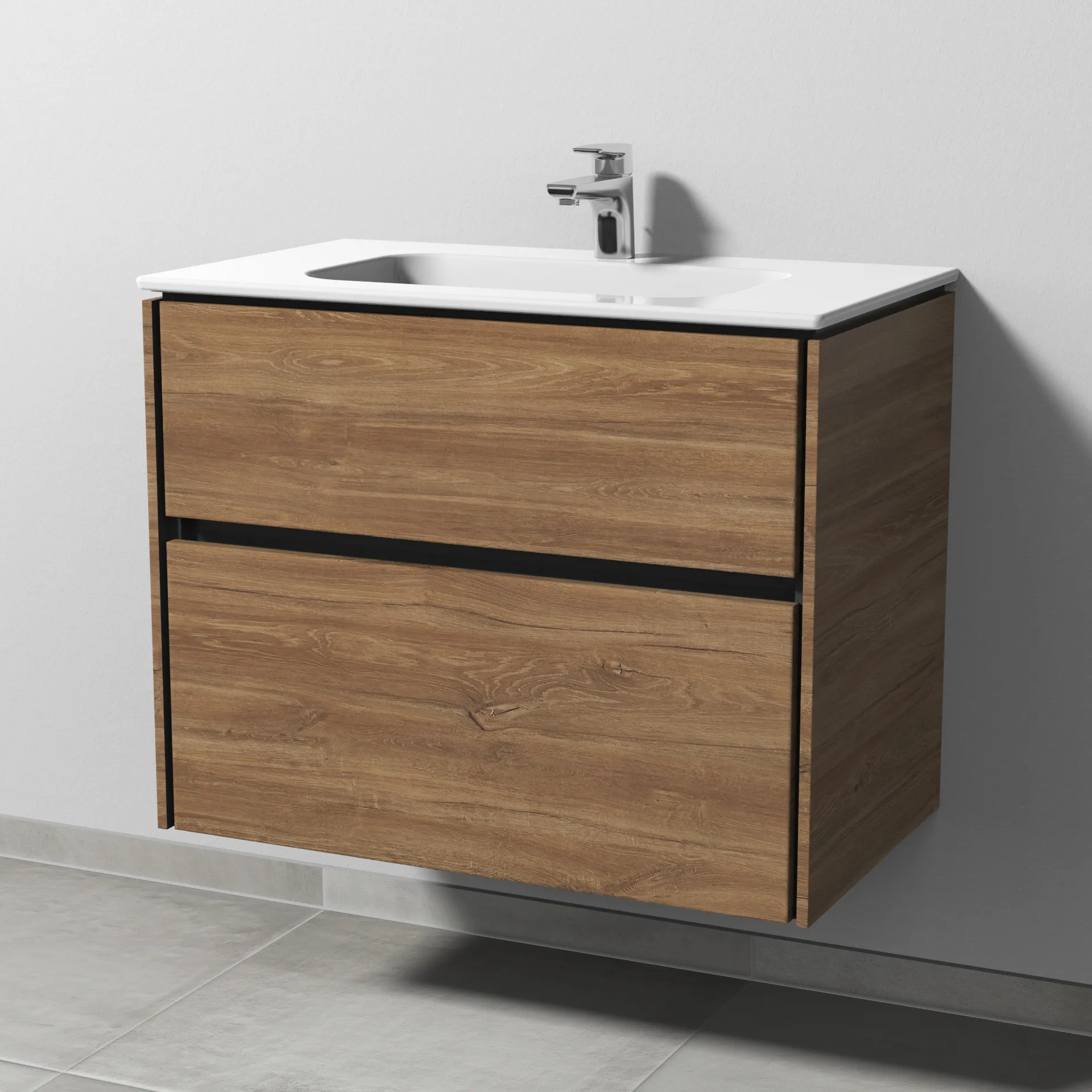Keramik-Waschtisch-Set mit Waschtischunterschrank „Twiga“ 79 × 46 × 61 cm in Eiche Kansas, mit Hahnlochbohrung, ohne Beleuchtung