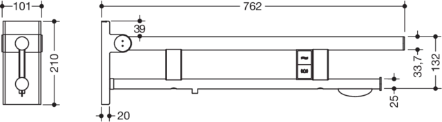 Stützklappgriff Duo, Design A des Systems 900, Edelstahl, PVD, Ausladung 750 mm, mit WC-Papierhalter und Spül-/Funktionstasten (E-Ausführung), Ausführung links, in Farbe CK (messing glänzend)