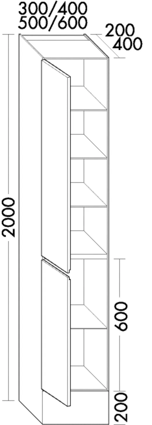 Hochschrank bodenstehend, 2 Türen;4 Glaseinlegeböden;1 fester Boden;1 Sockel, Tiefe: 400 mm, Breite: 300 mm, Höhe: 2000 mm Hochschrank bodenstehend, 2 Türen;4 Glaseinlegeböden;1 fester Boden;1 Sockel, Tiefe: 400 mm, Breite: 300 mm, Höhe: 2000 mm