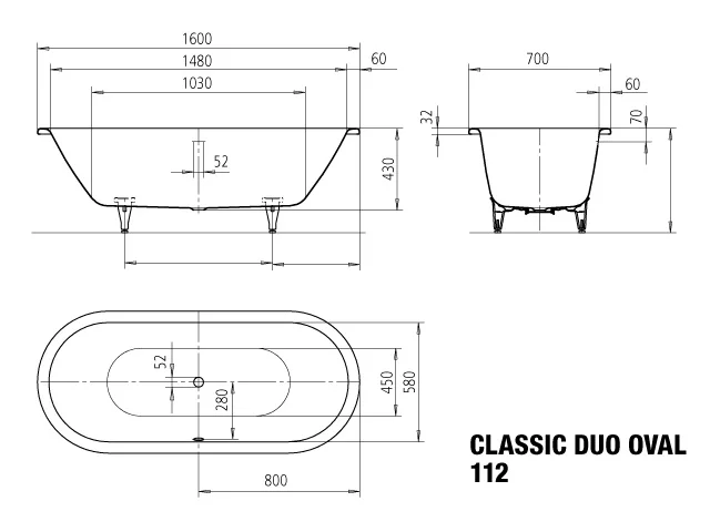 Kaldewei CLASSIC DUO OVAL Badewanne, 1600x700 mm, pergamon, Perl-Effekt, mit Griffloch, Antislip