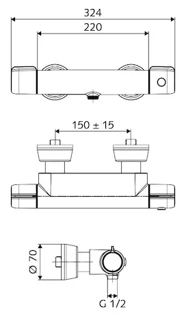 Aufputz-Duscharmatur MODUS MD-T, Mischwasser, Thermostat, Auf/Zu-Aufputz-Duscharmatur, 2x DN 15 G 1/2 AG, DN 15 G 1/2 AG (unten), chrom