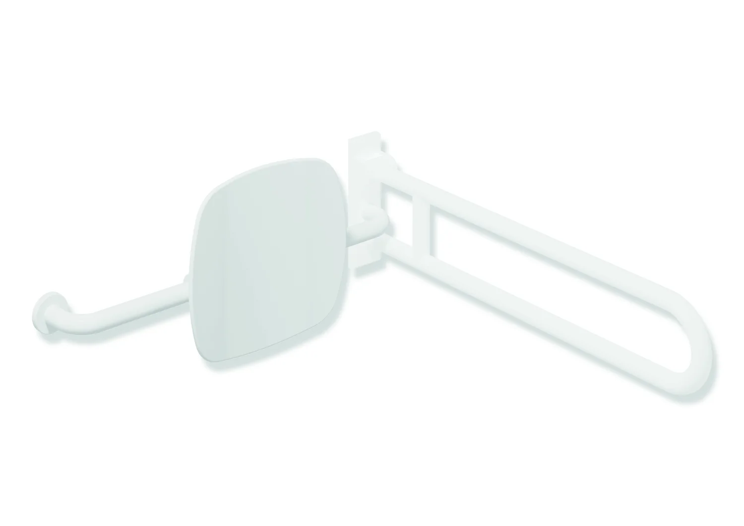 HEWI Rückensupport, Serie 805 Classic, Edelstahl pulverbeschichtet, Signalweiß tiefmatt, Breite 650–750 mm, Tiefe 150 mm, Lehne 334 mm hoch, einseitig Wandmontage (rechts) oder Stützklapp-/Wandstützgriff (links)