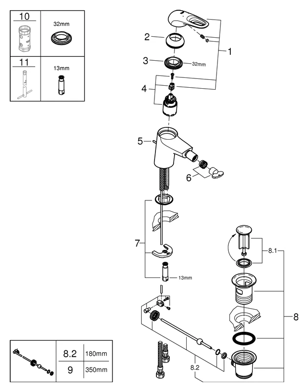 Einhand-Bidetbatterie Eurostyle 33565_3, Einlochmontage, Zugstangen-Ablaufgarnitur 1 1/4'', offener Metall-Hebelgriff, chrom