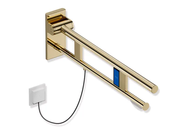 Stützklappgriff Duo, Design A des Systems 900, Edelstahl, PVD, Ausladung 700 mm, mit WC-Papierhalter und Spülauslösung (E-Ausführung), Ausführung links, in Farbe CK (Messing glänzend) Stützklappgriff Duo, Design A des Systems 900, Edelstahl, PVD, Ausladung 700 mm, mit WC-Papierhalter und Spülauslösung (E-Ausführung), Ausführung links, in Farbe CK (Messing glänzend)