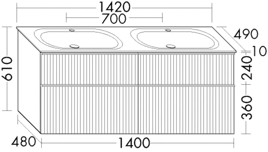 Mineralguss-Waschtisch inkl. Waschtischunterschrank, Tiefe: 490 mm, Breite: 1420 mm, Höhe: 610 mm Mineralguss-Waschtisch inkl. Waschtischunterschrank, Tiefe: 490 mm, Breite: 1420 mm, Höhe: 610 mm