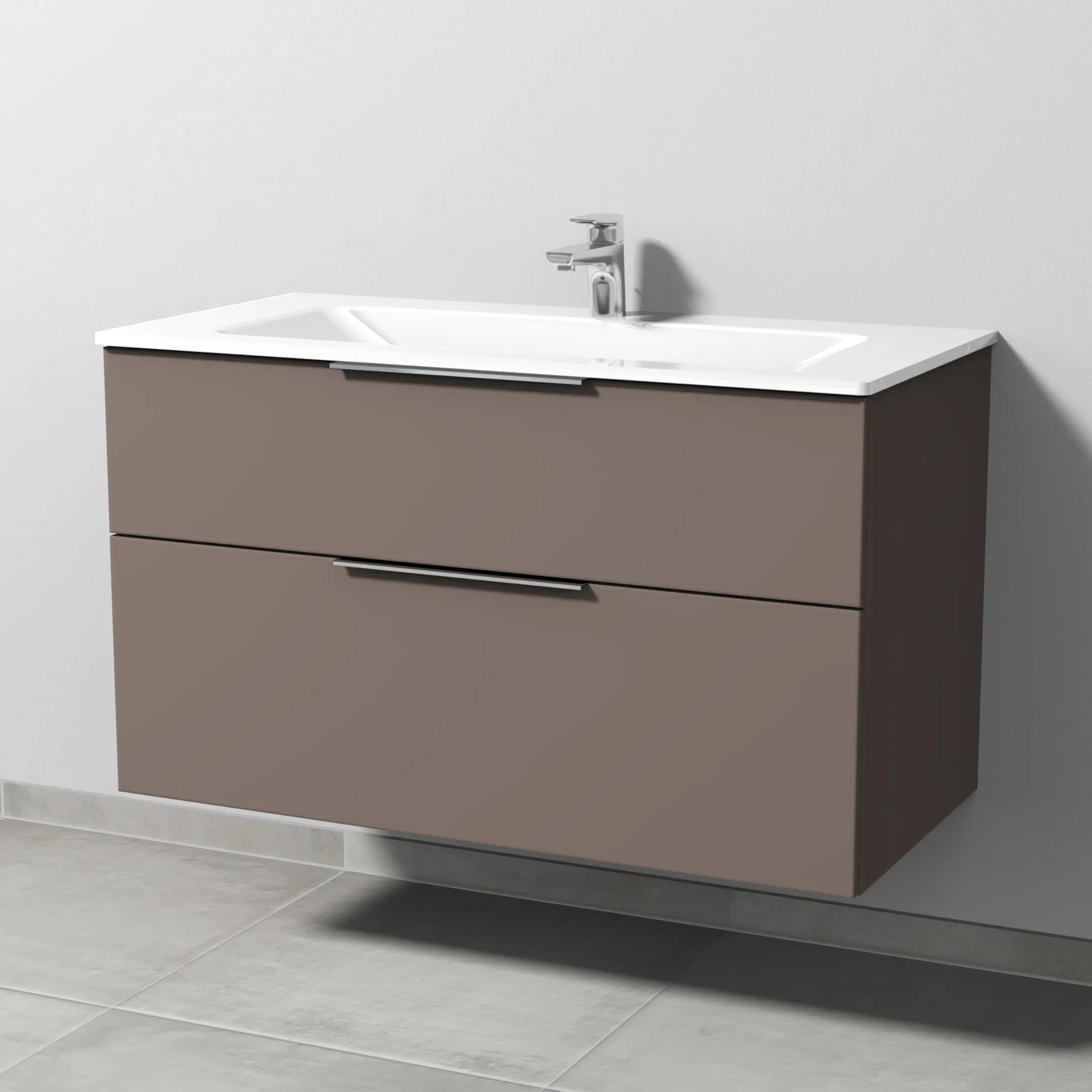 Glas-Waschtisch-Set mit Waschtischunterschrank „3way“ 100 × 48,7 × 58,2 cm in Taupe (matt), mit Hahnlochbohrung Glas-Waschtisch-Set mit Waschtischunterschrank „3way“ 100 × 48,7 × 58,2 cm in Taupe (matt), mit Hahnlochbohrung