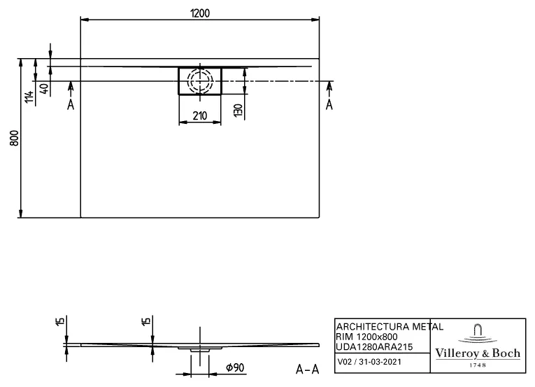 Villeroy & Boch rechteck Duschwanne „Architectura MetalRim“ 120 × 80 cm